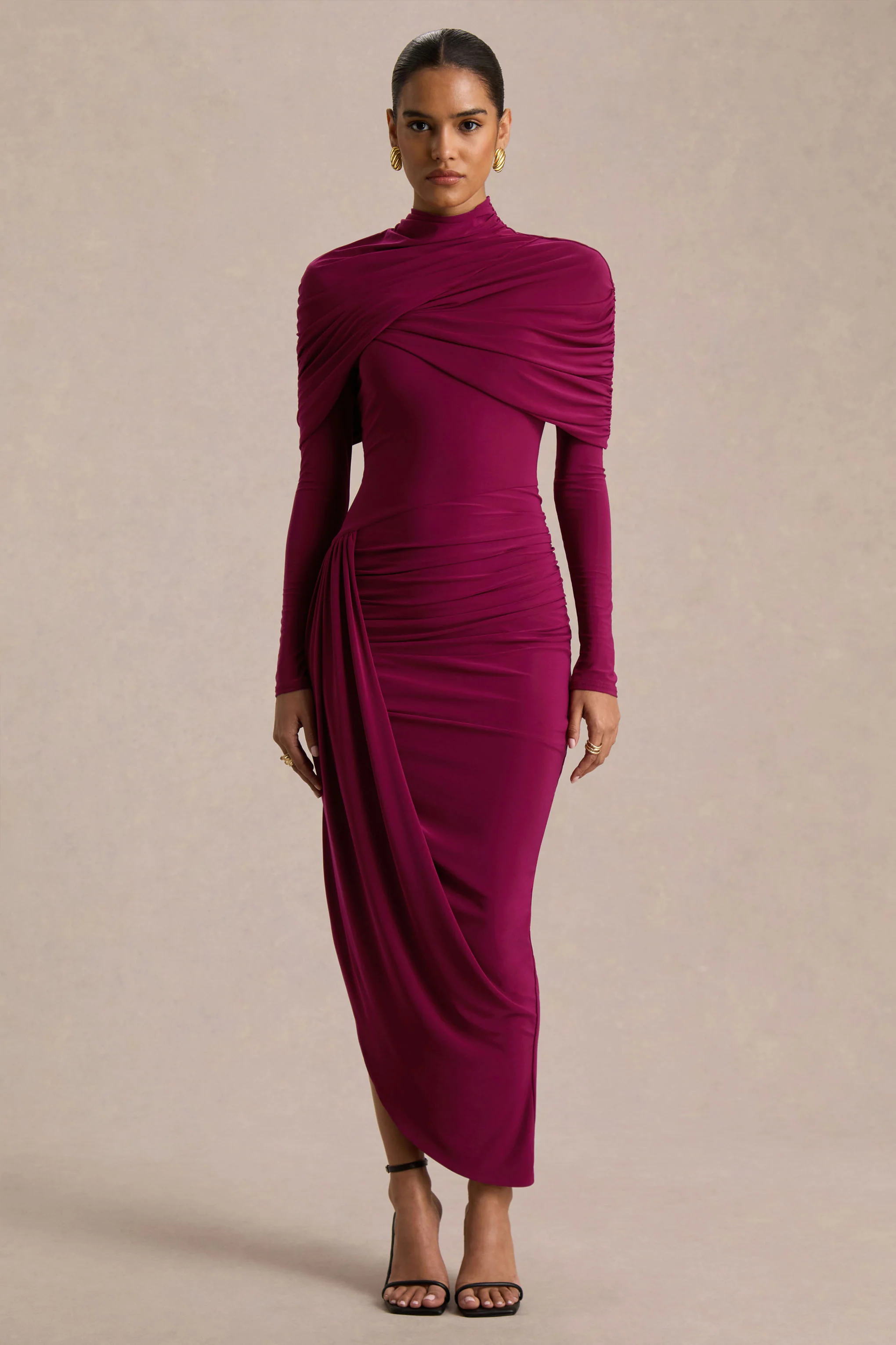 Aneira | Burgundy High-Neck Maxi Dress With Cape Sleeves - Image 5