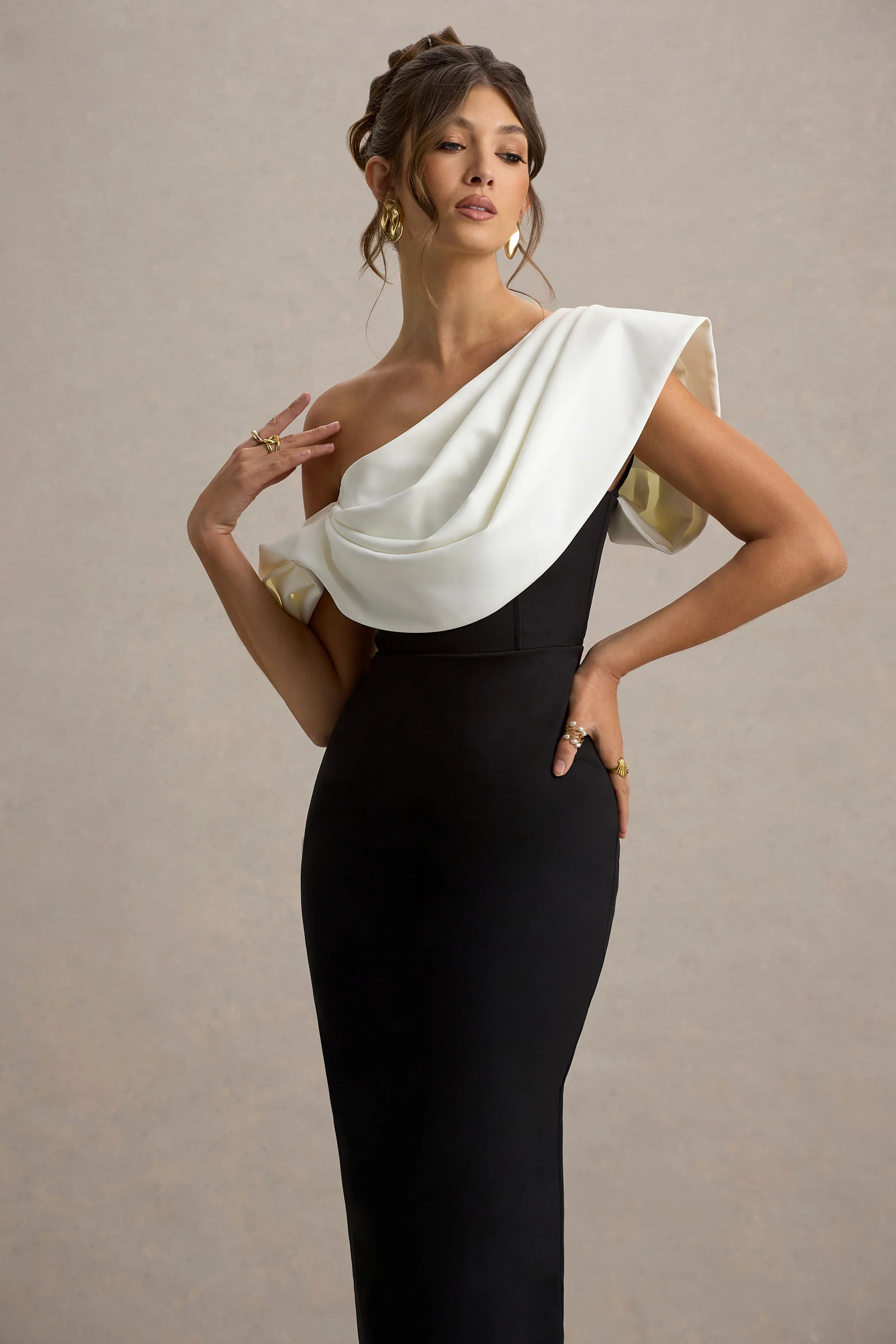 Angelina | Black & White Draped Shoulder Maxi Dress - Image 3