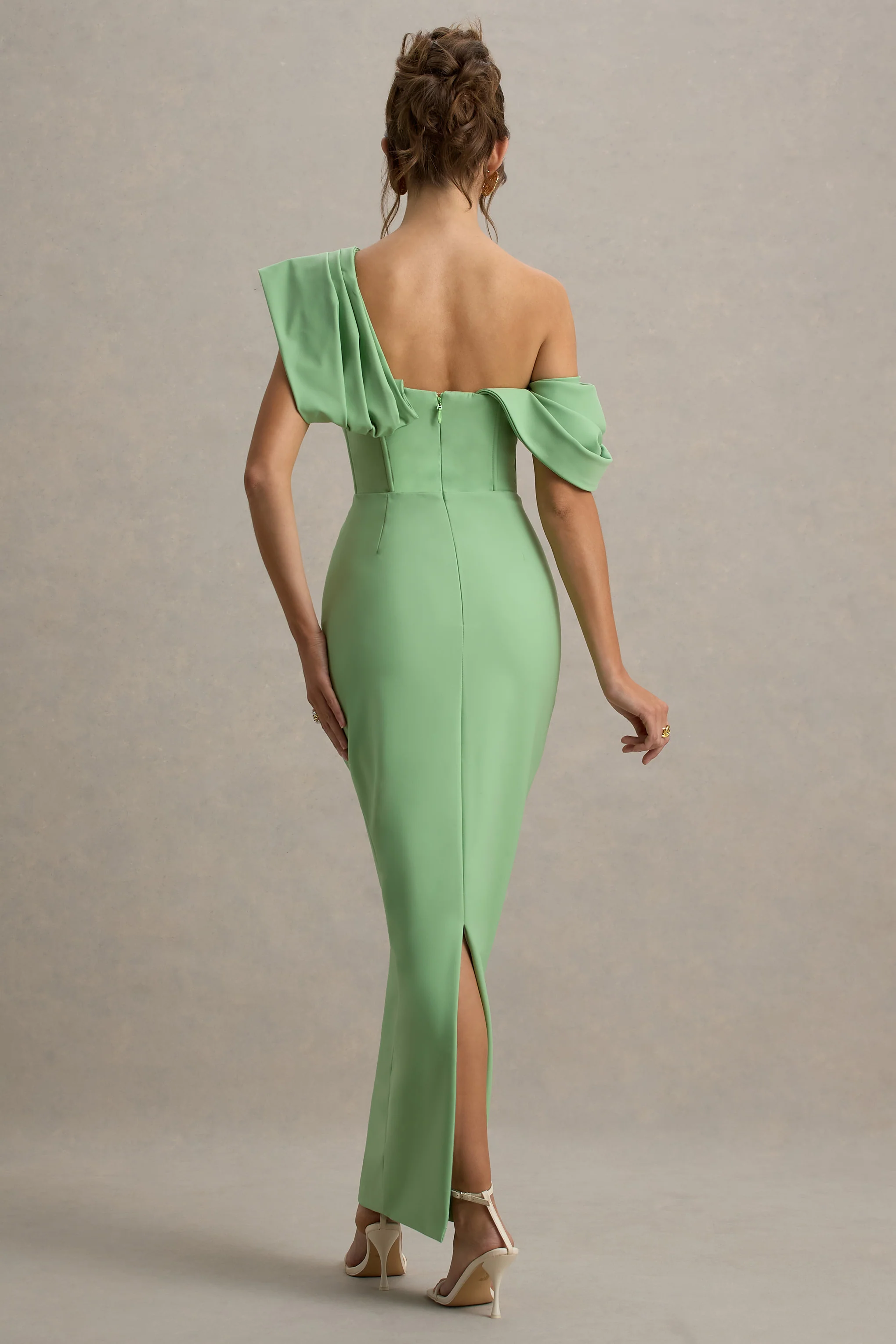Angelina | Green Draped Shoulder Maxi Dress - Image 2