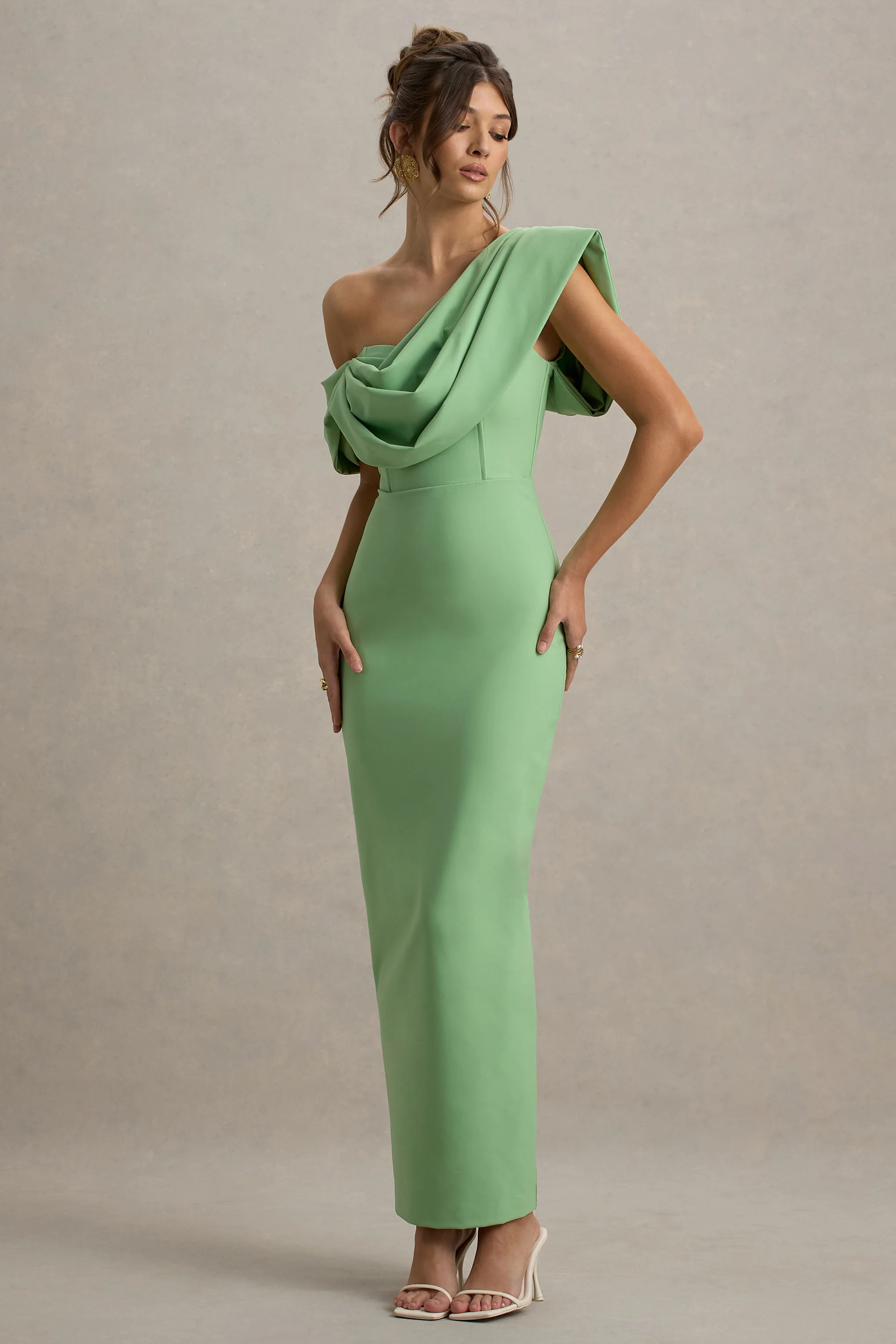 Angelina | Green Draped Shoulder Maxi Dress - Image 5