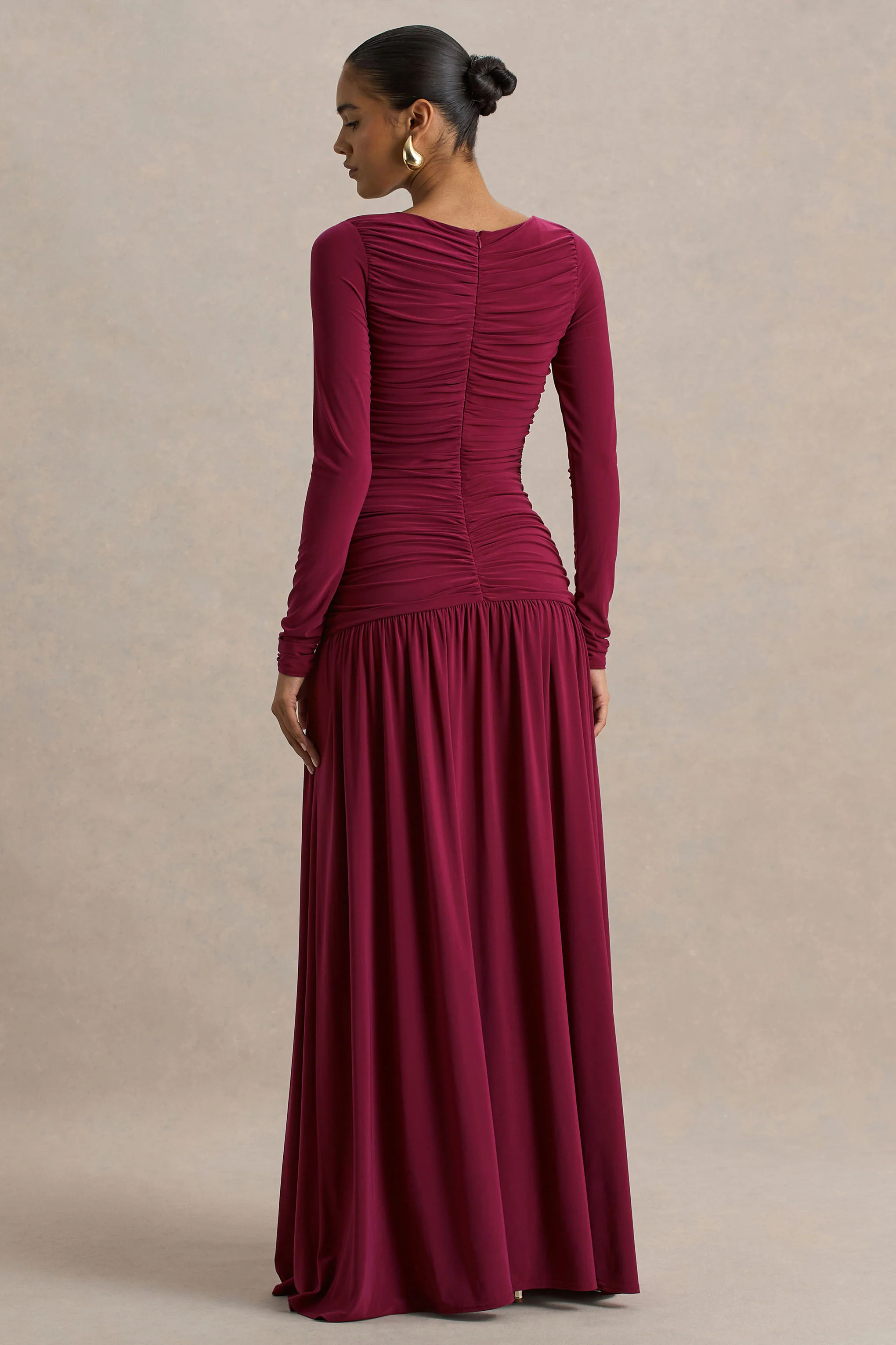 Aniyah | Burgundy Slashed-Neck Maxi Dress With Ruched Detailing - Image 2