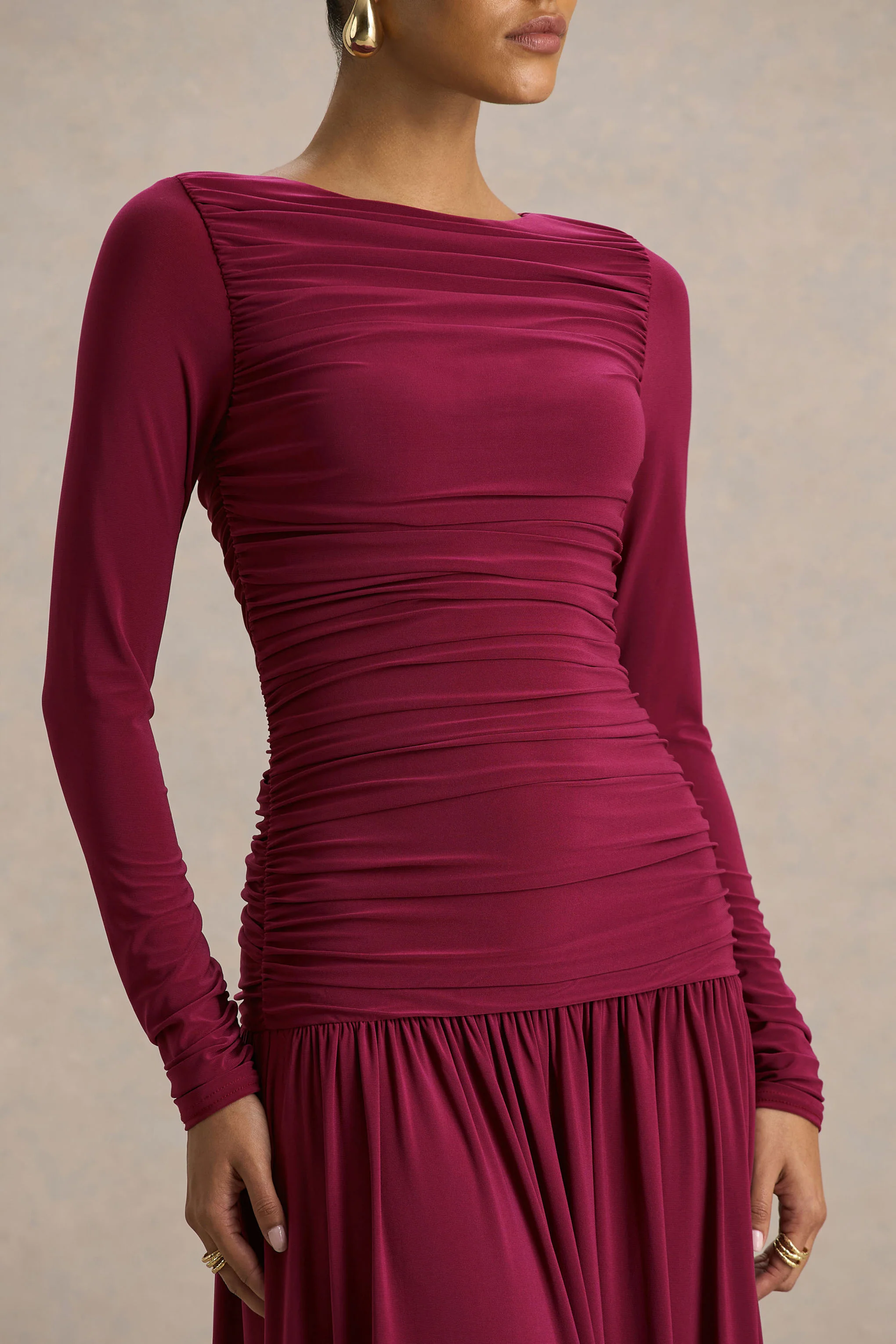 Aniyah | Burgundy Slashed-Neck Maxi Dress With Ruched Detailing - Image 3