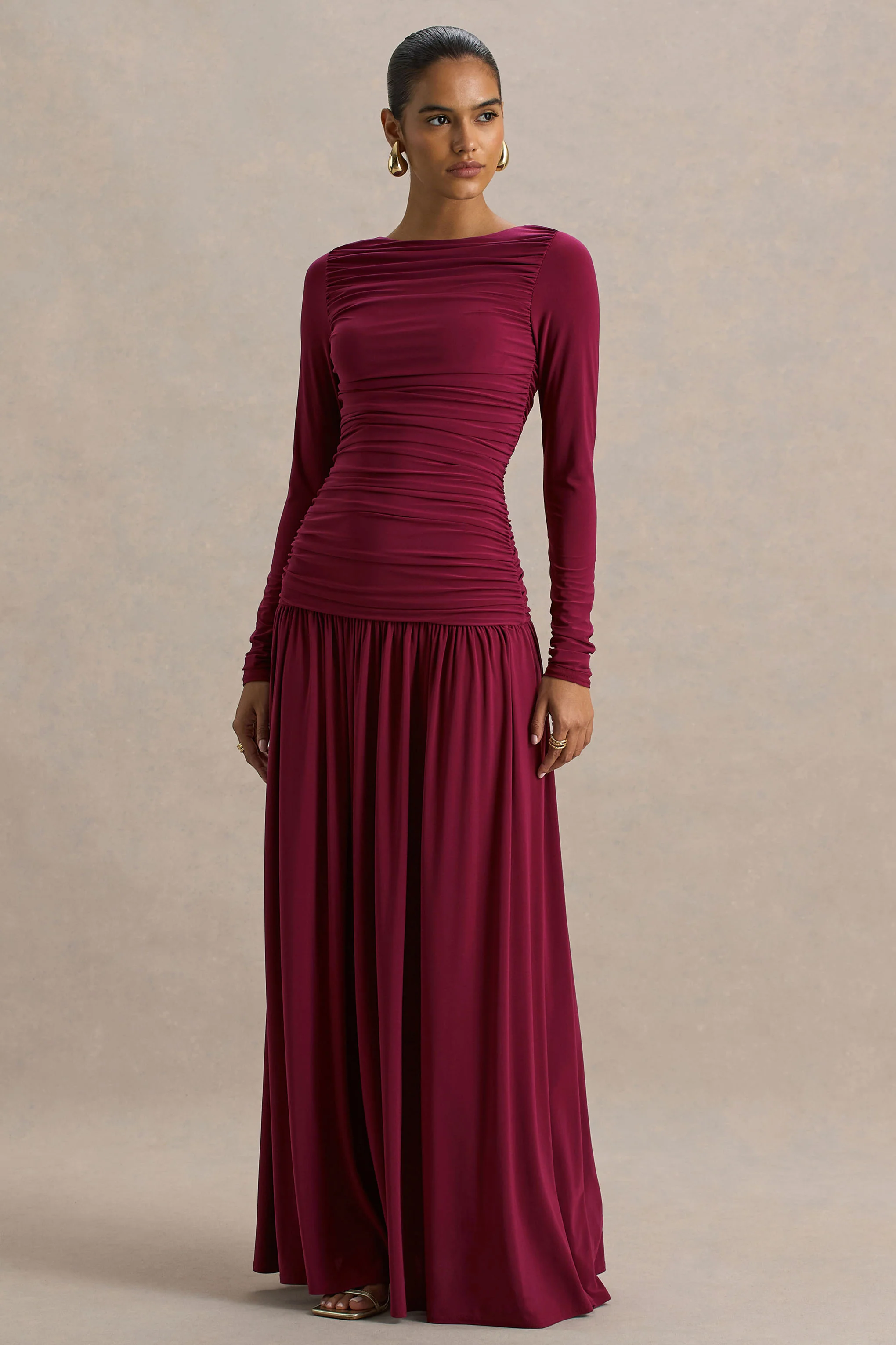 Aniyah | Burgundy Slashed-Neck Maxi Dress With Ruched Detailing - Image 4