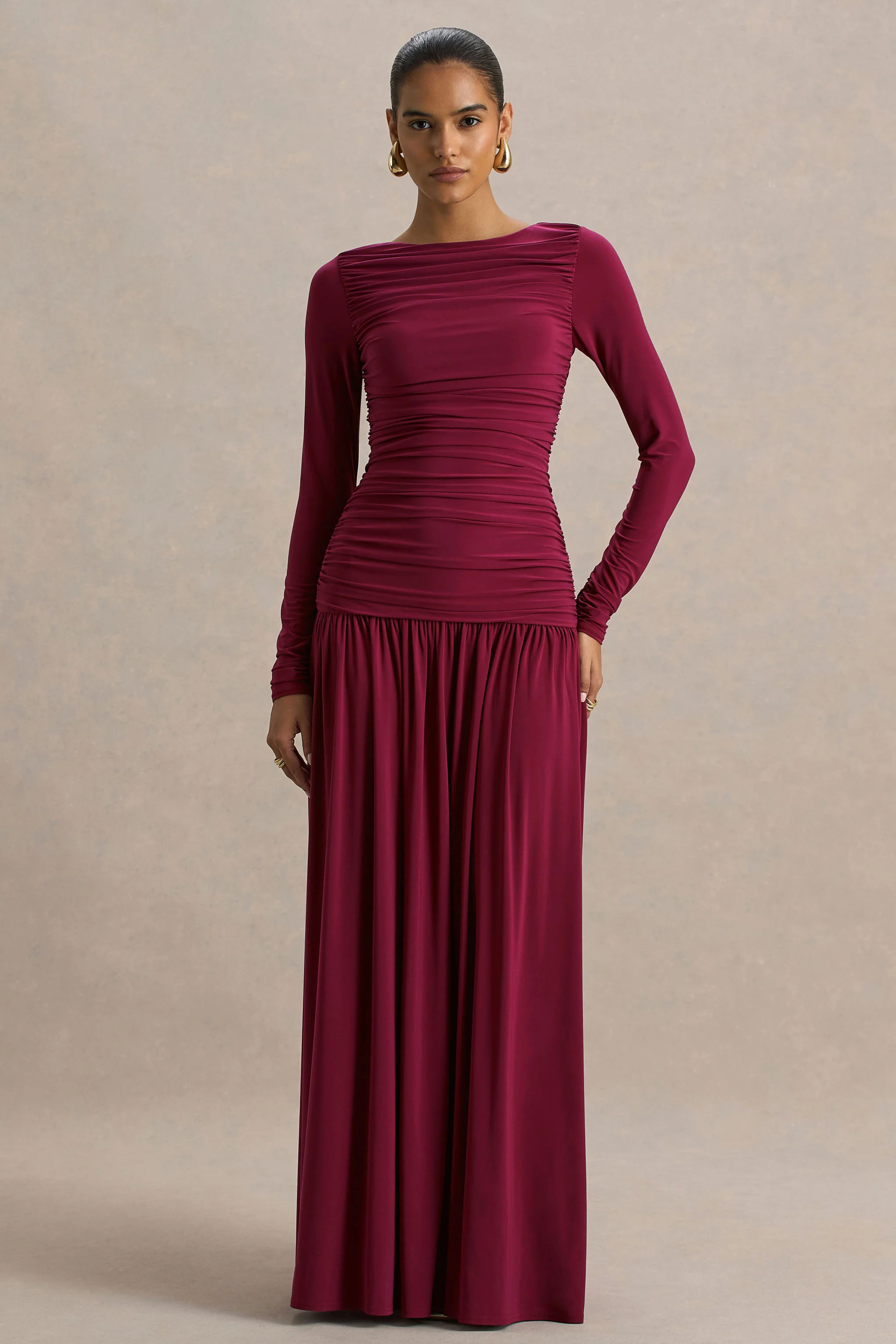 Aniyah | Burgundy Slashed-Neck Maxi Dress With Ruched Detailing - Image 5