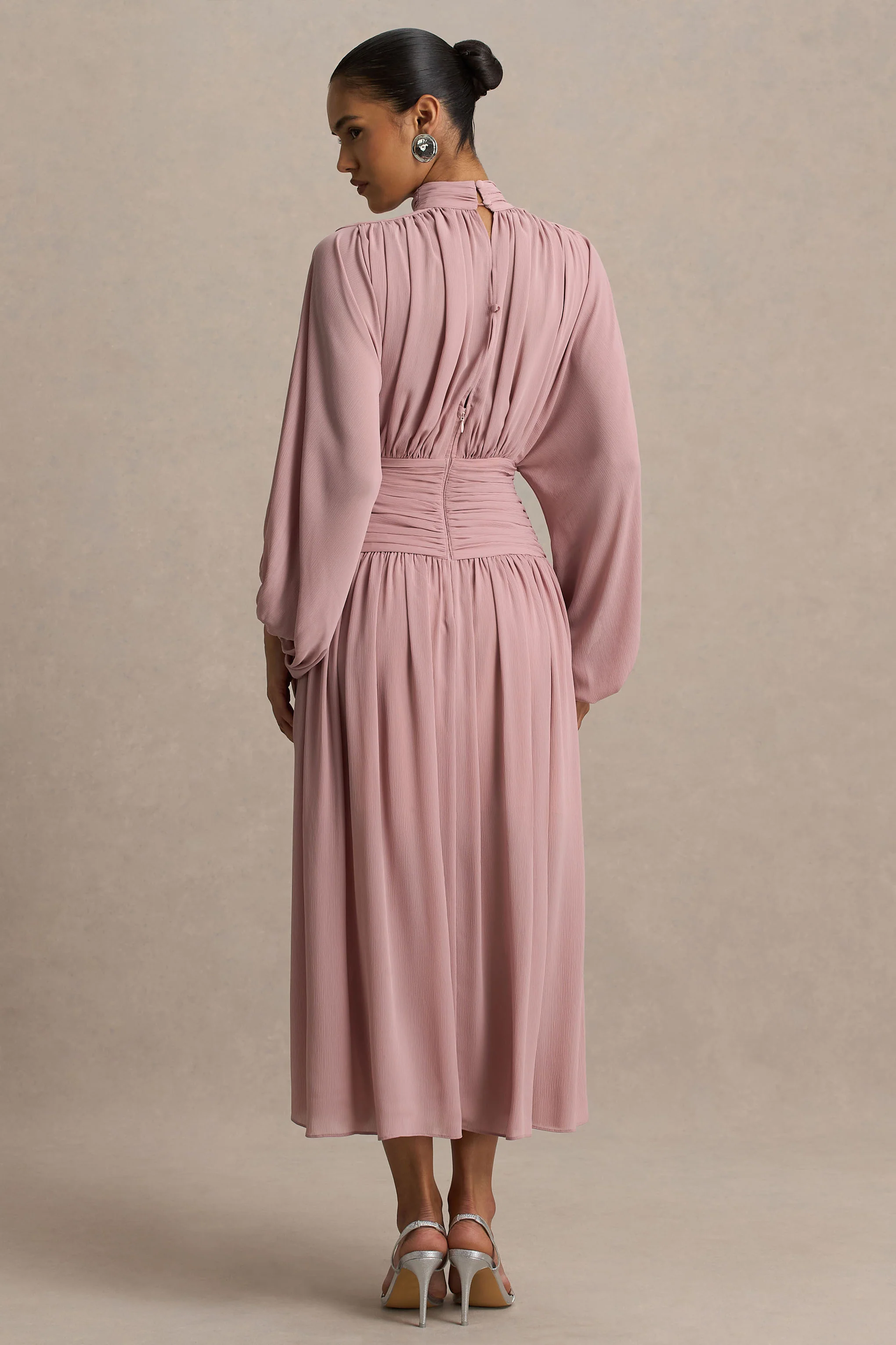 Annabel | Dusty Pink High-Neck Midi Dress With Pleating - Image 2