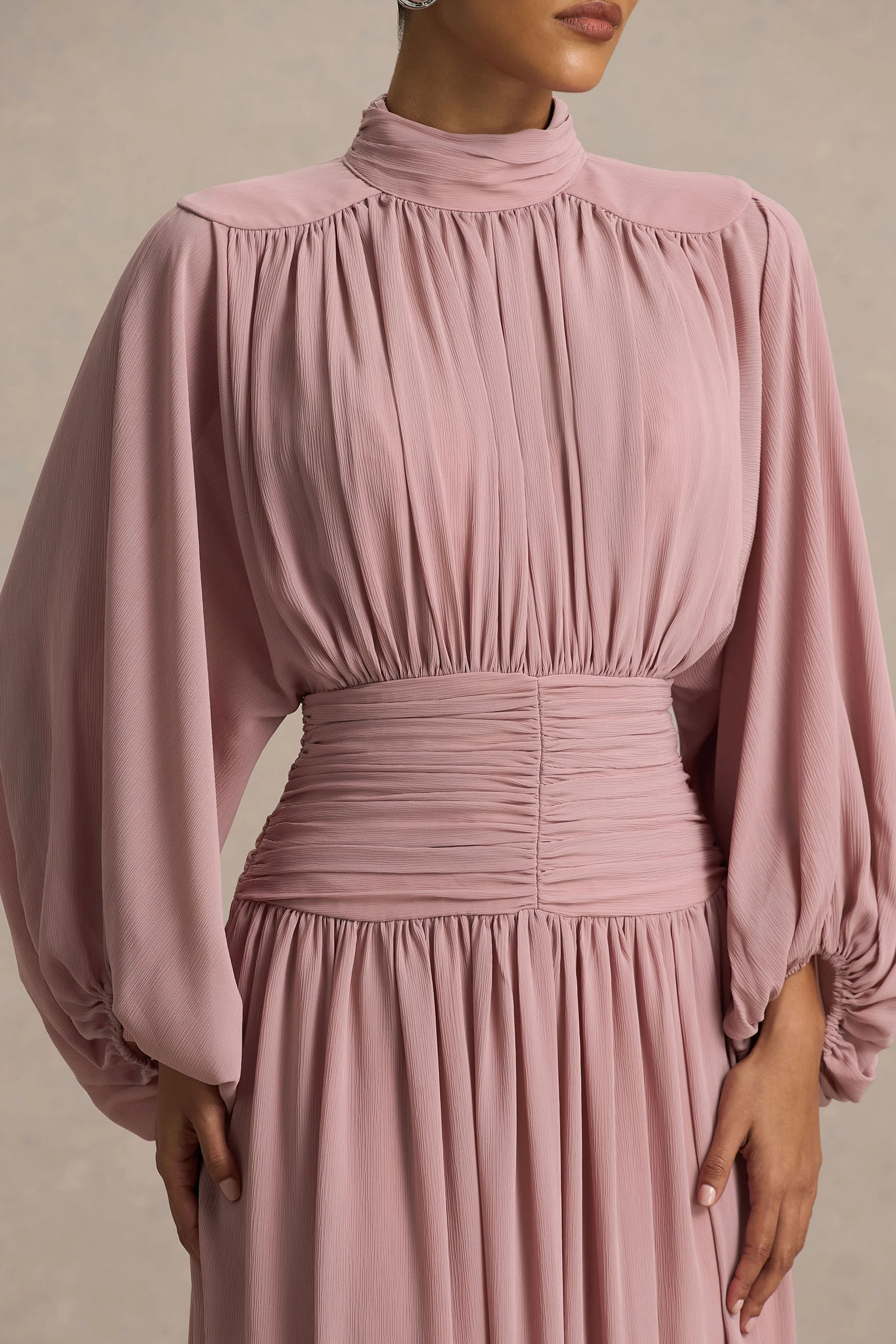 Annabel | Dusty Pink High-Neck Midi Dress With Pleating - Image 3