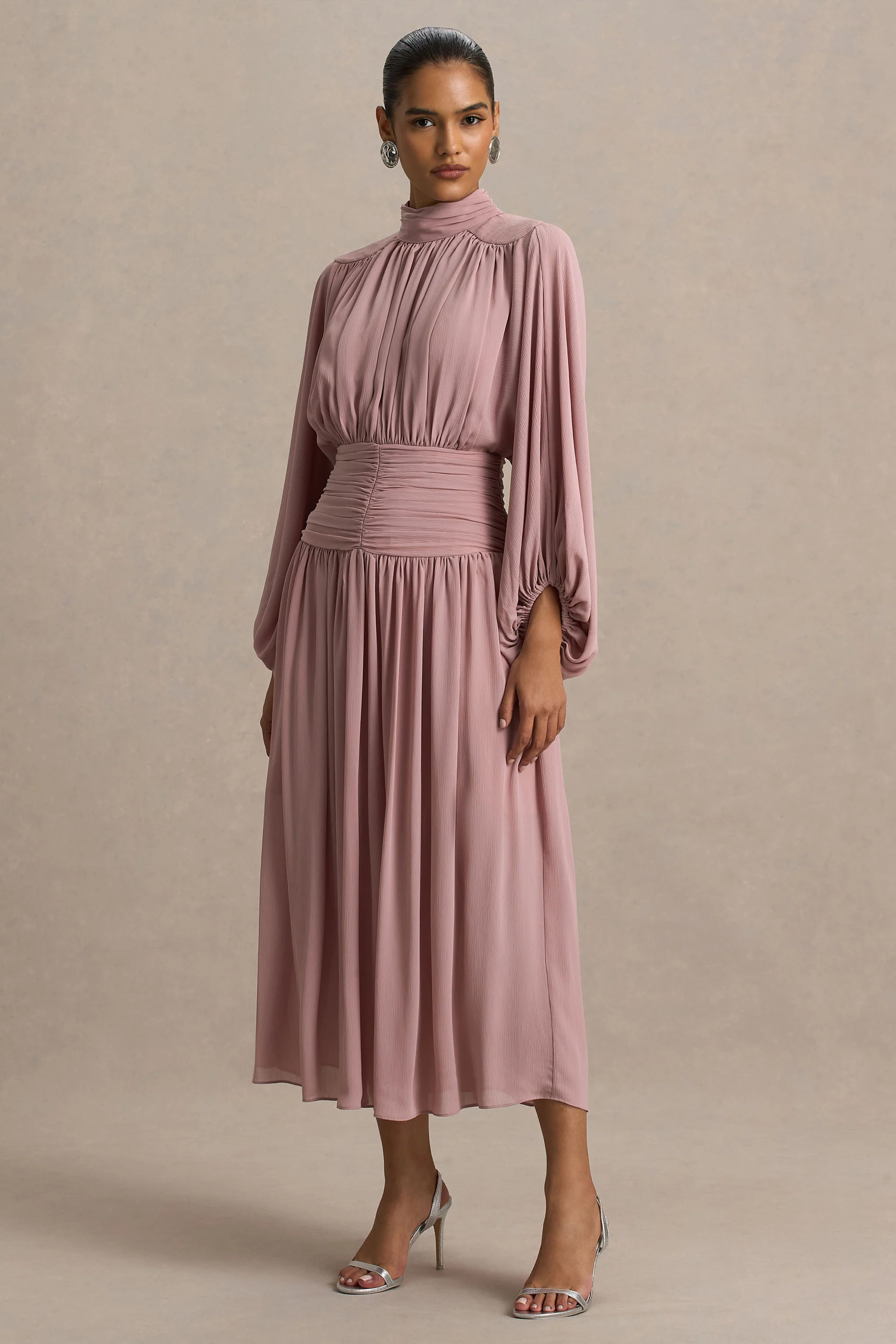 Annabel | Dusty Pink High-Neck Midi Dress With Pleating - Image 4