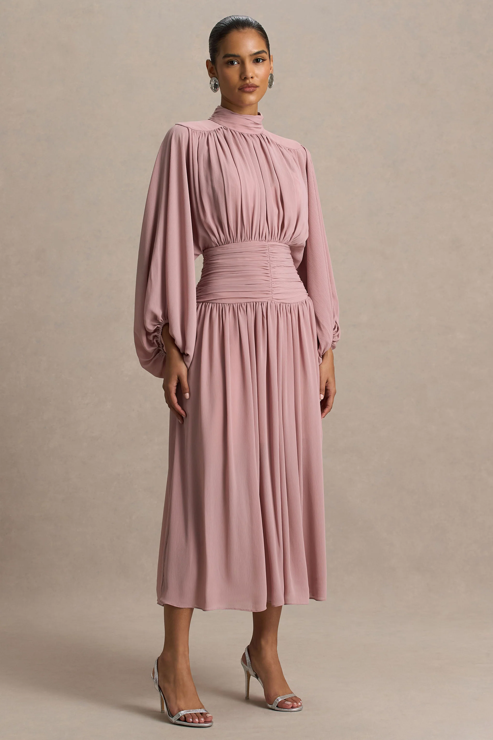 Annabel | Dusty Pink High-Neck Midi Dress With Pleating - Image 5