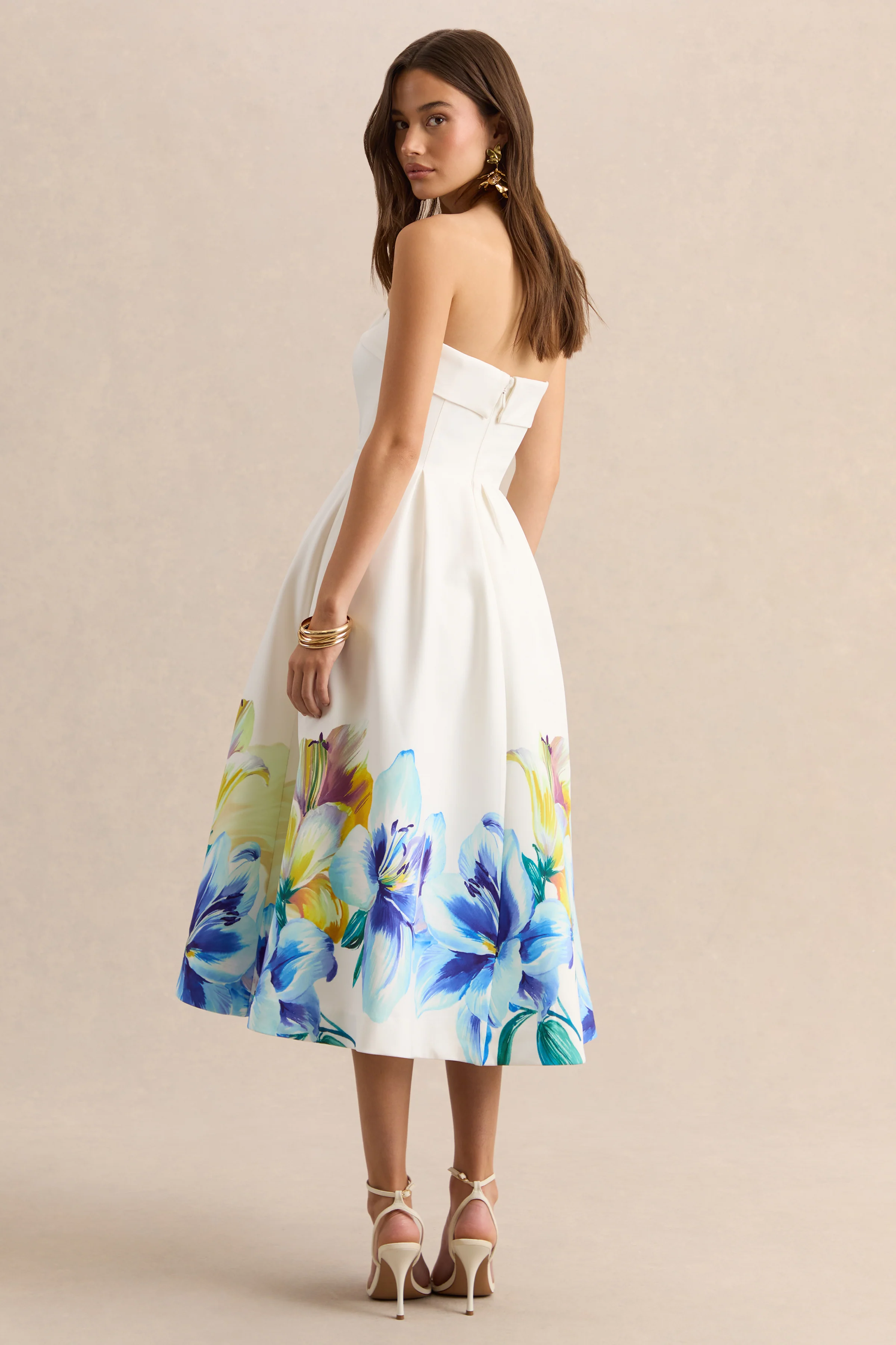 Annalise | Blue And Yellow Floral Border Print Bandeau Skater Midi Dress - Image 2