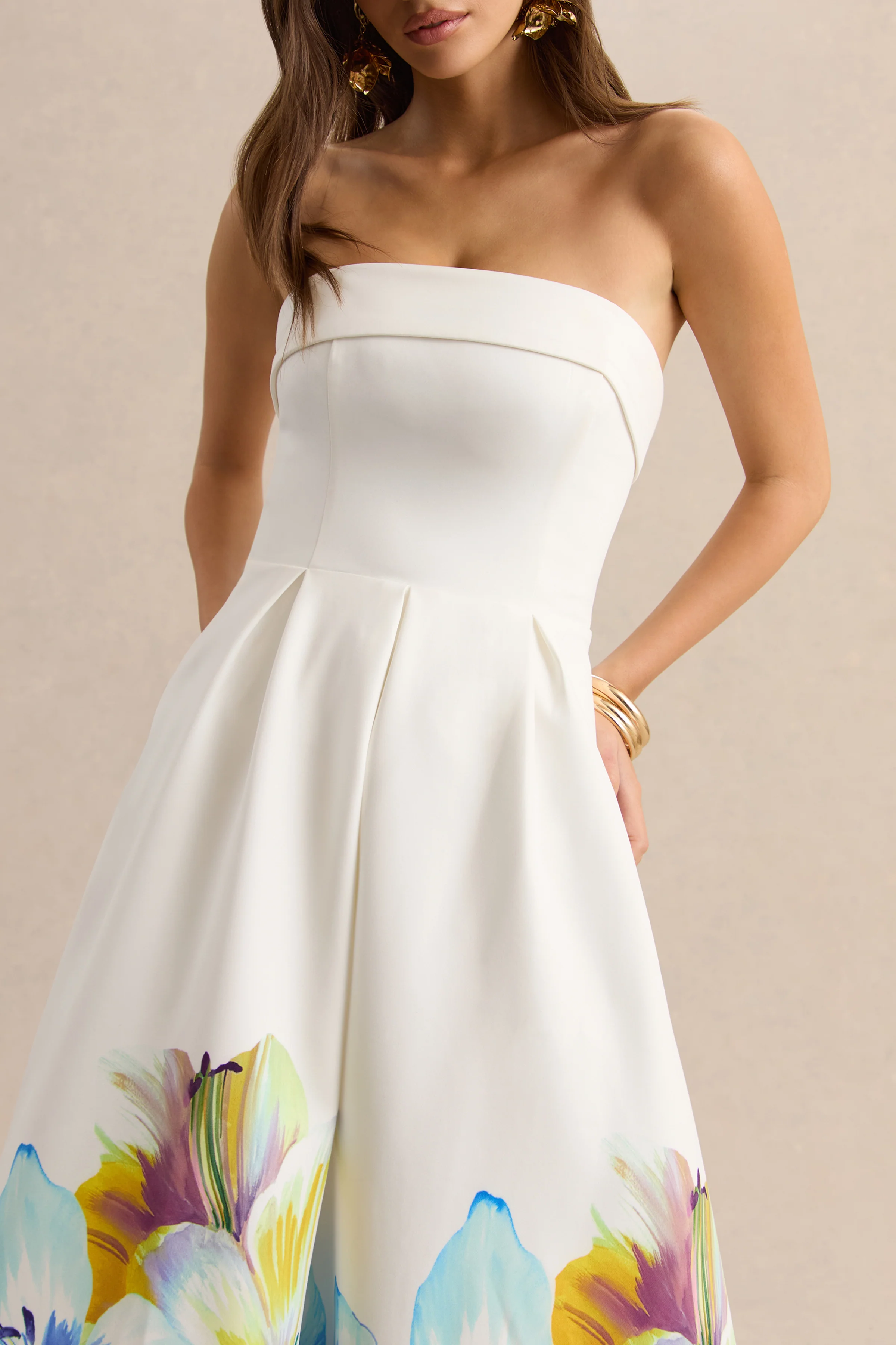 Annalise | Blue And Yellow Floral Border Print Bandeau Skater Midi Dress - Image 3
