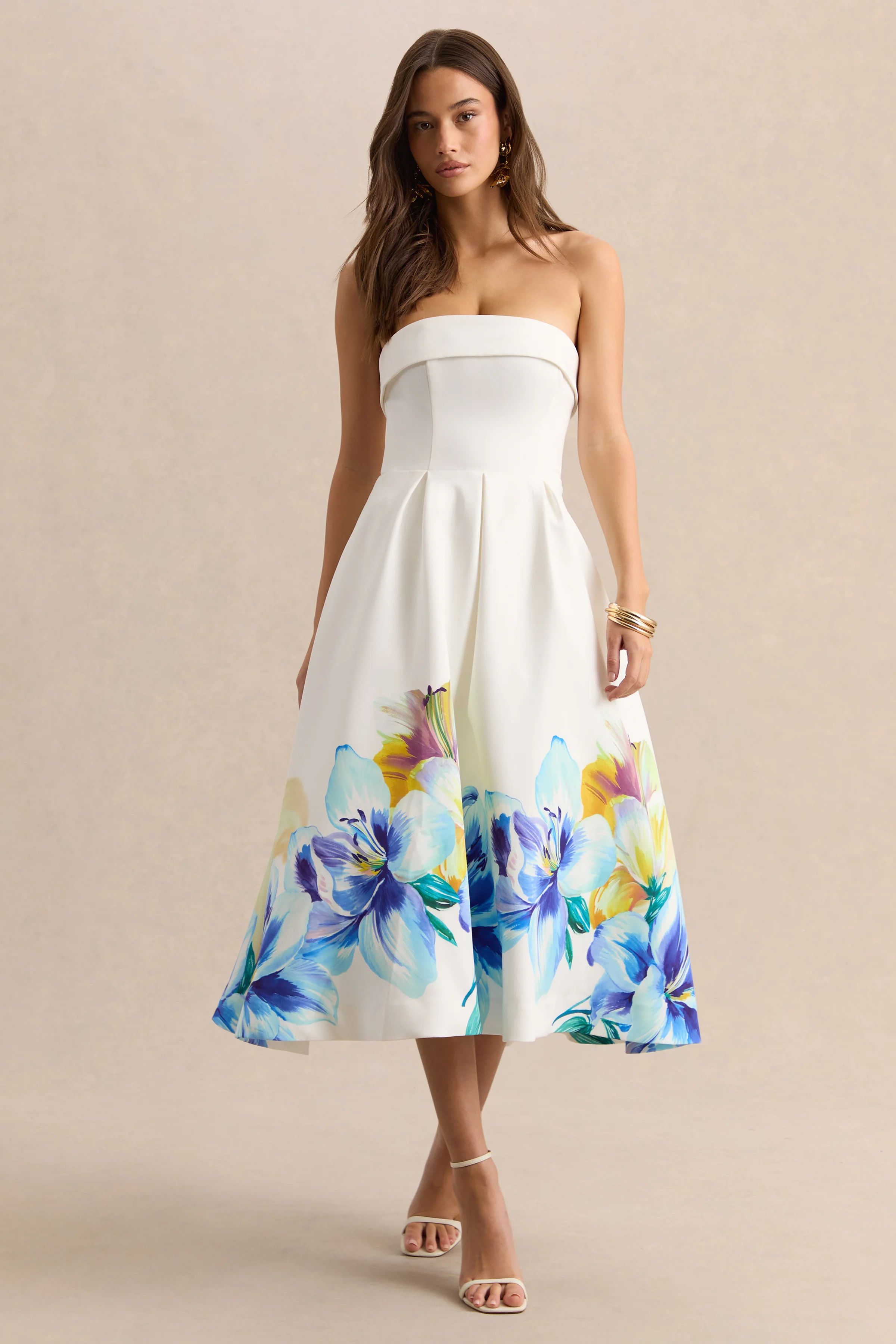 Annalise | Blue And Yellow Floral Border Print Bandeau Skater Midi Dress - Image 4