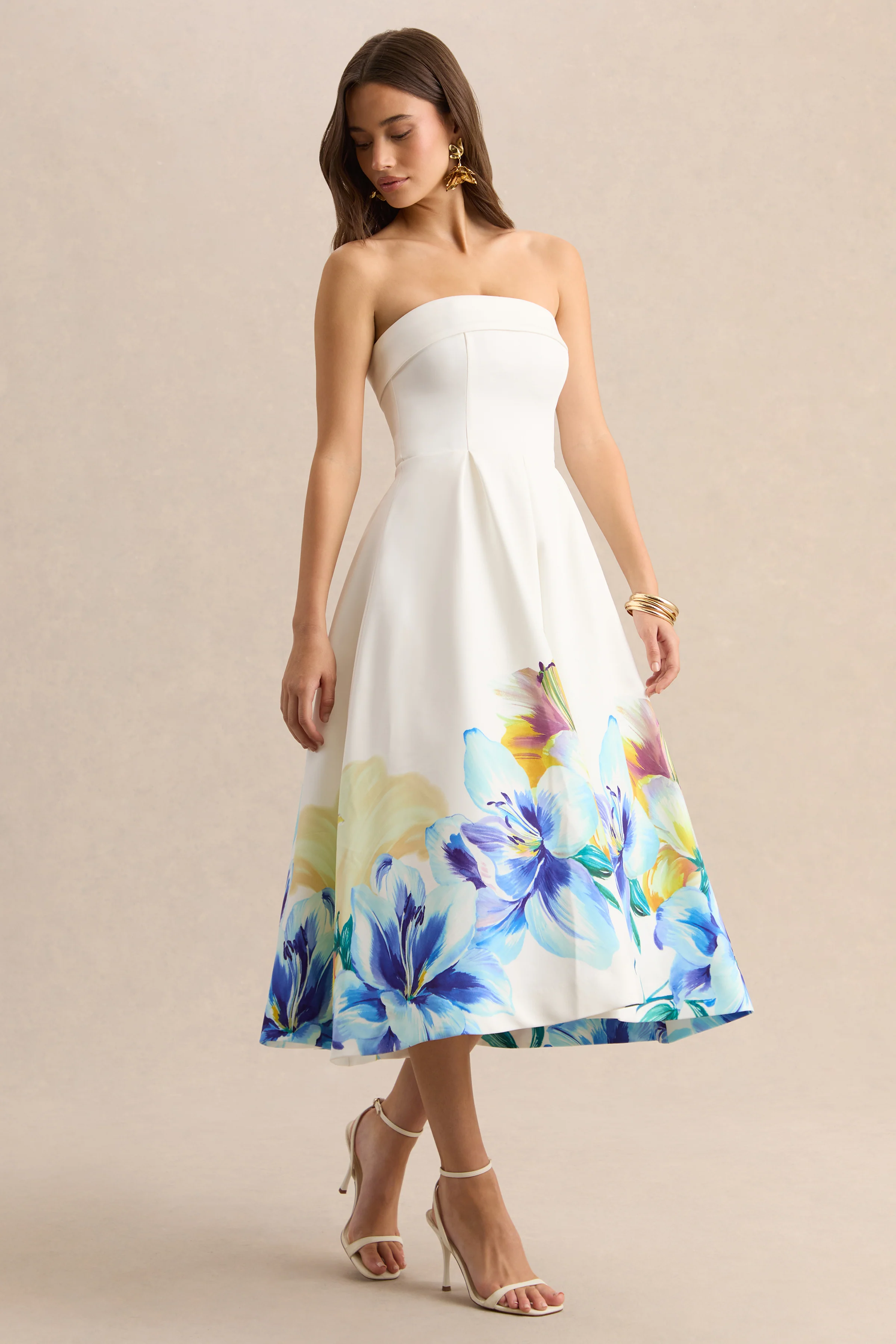 Annalise | Blue And Yellow Floral Border Print Bandeau Skater Midi Dress - Image 5