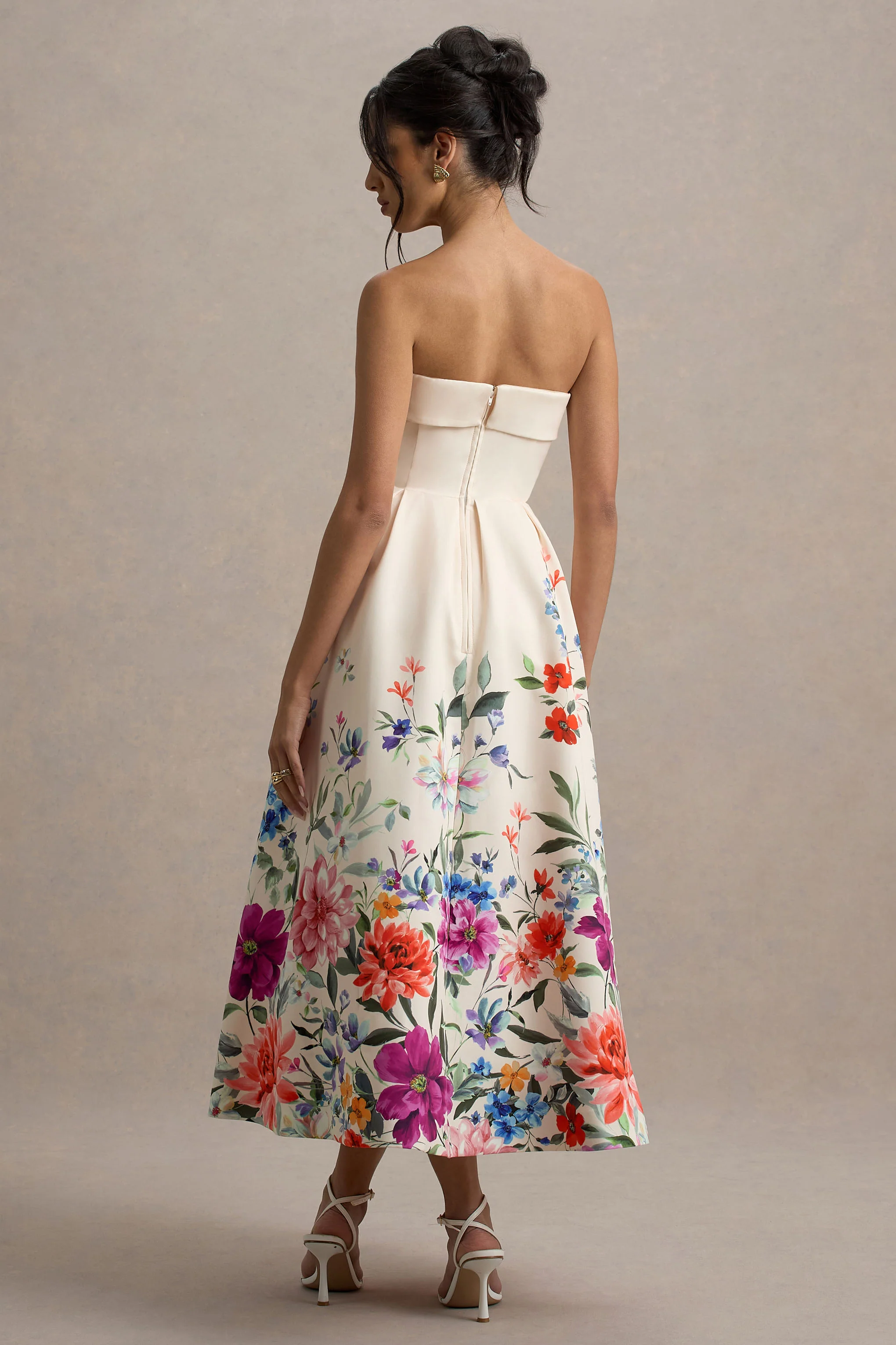Annalise | Light Pink Floral Print Bandeau Skater Midi Dress - Image 2