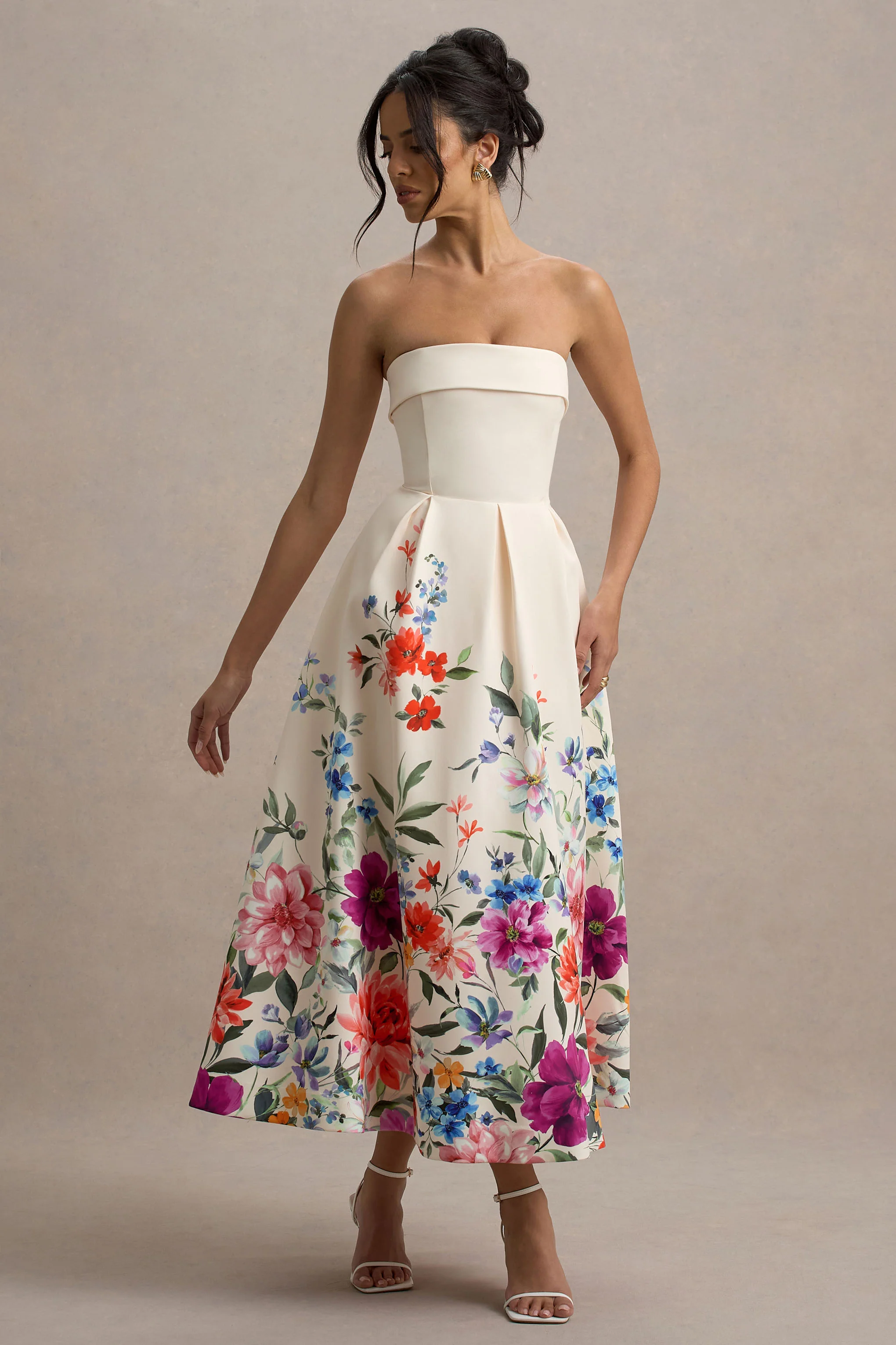 Annalise | Light Pink Floral Print Bandeau Skater Midi Dress - Image 4