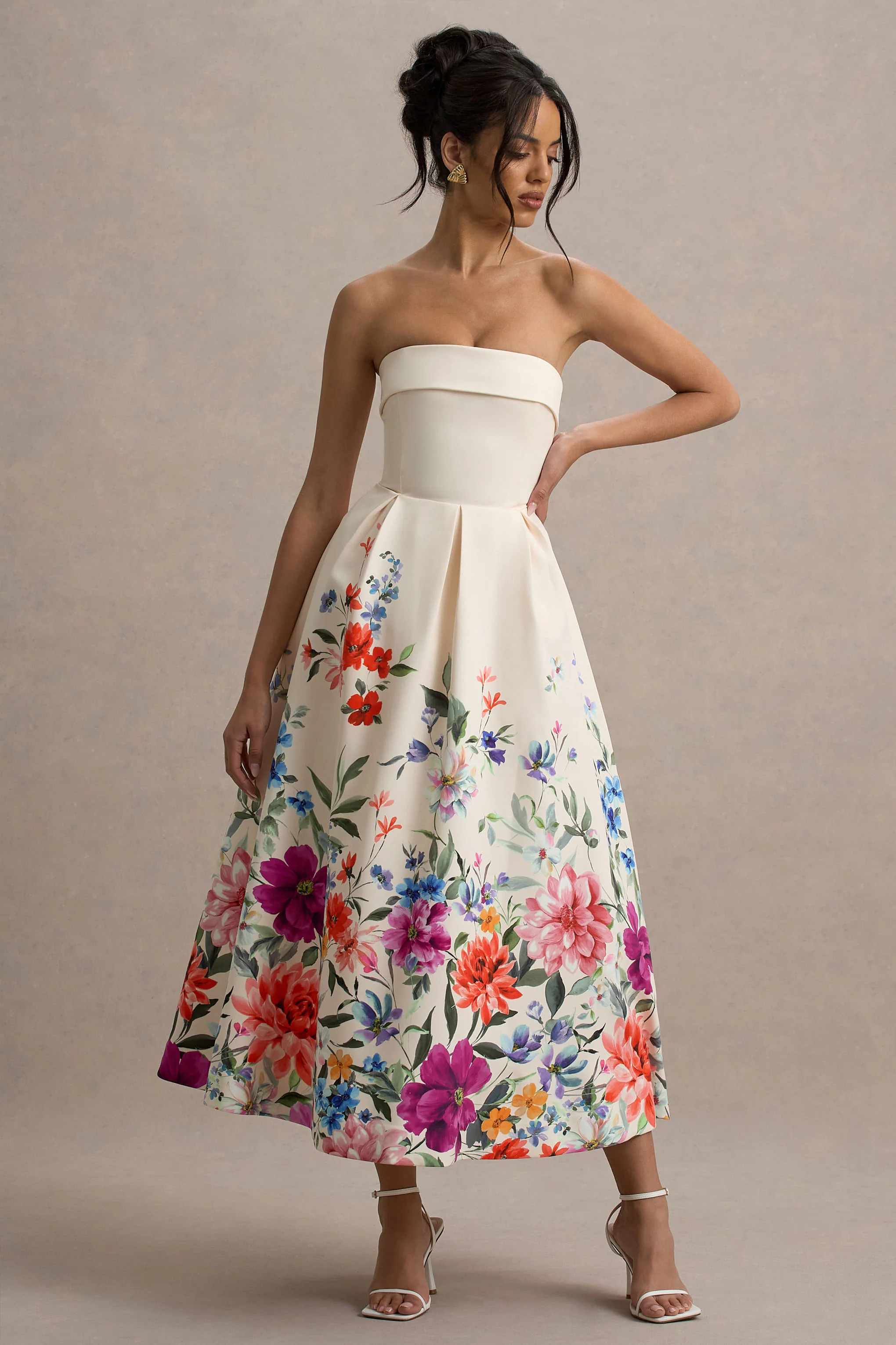 Annalise | Light Pink Floral Print Bandeau Skater Midi Dress - Image 5