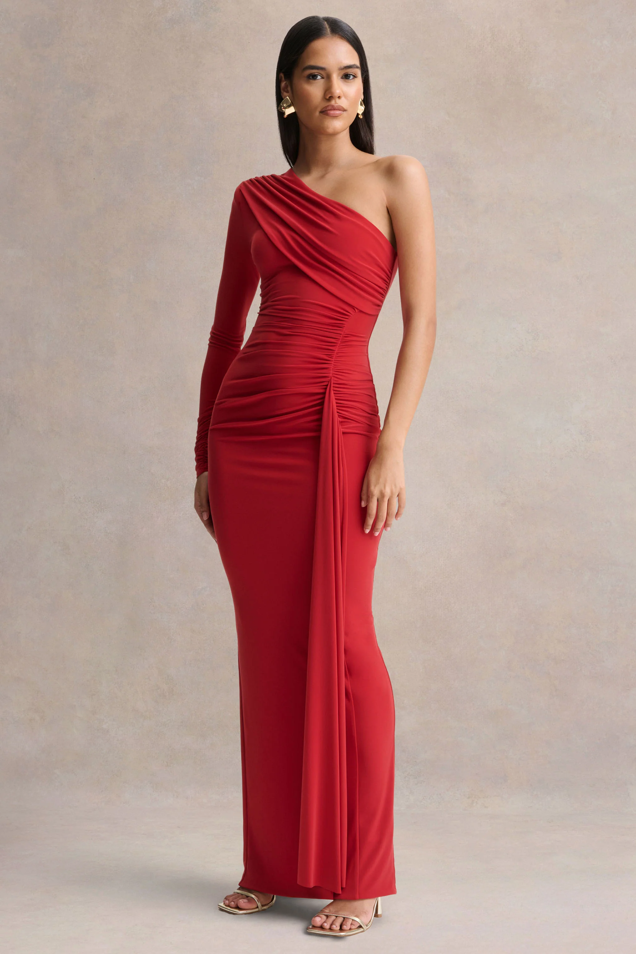 Anne | Red Asymmetric-Neck Wrapped Maxi Dress With Sash - Image 5