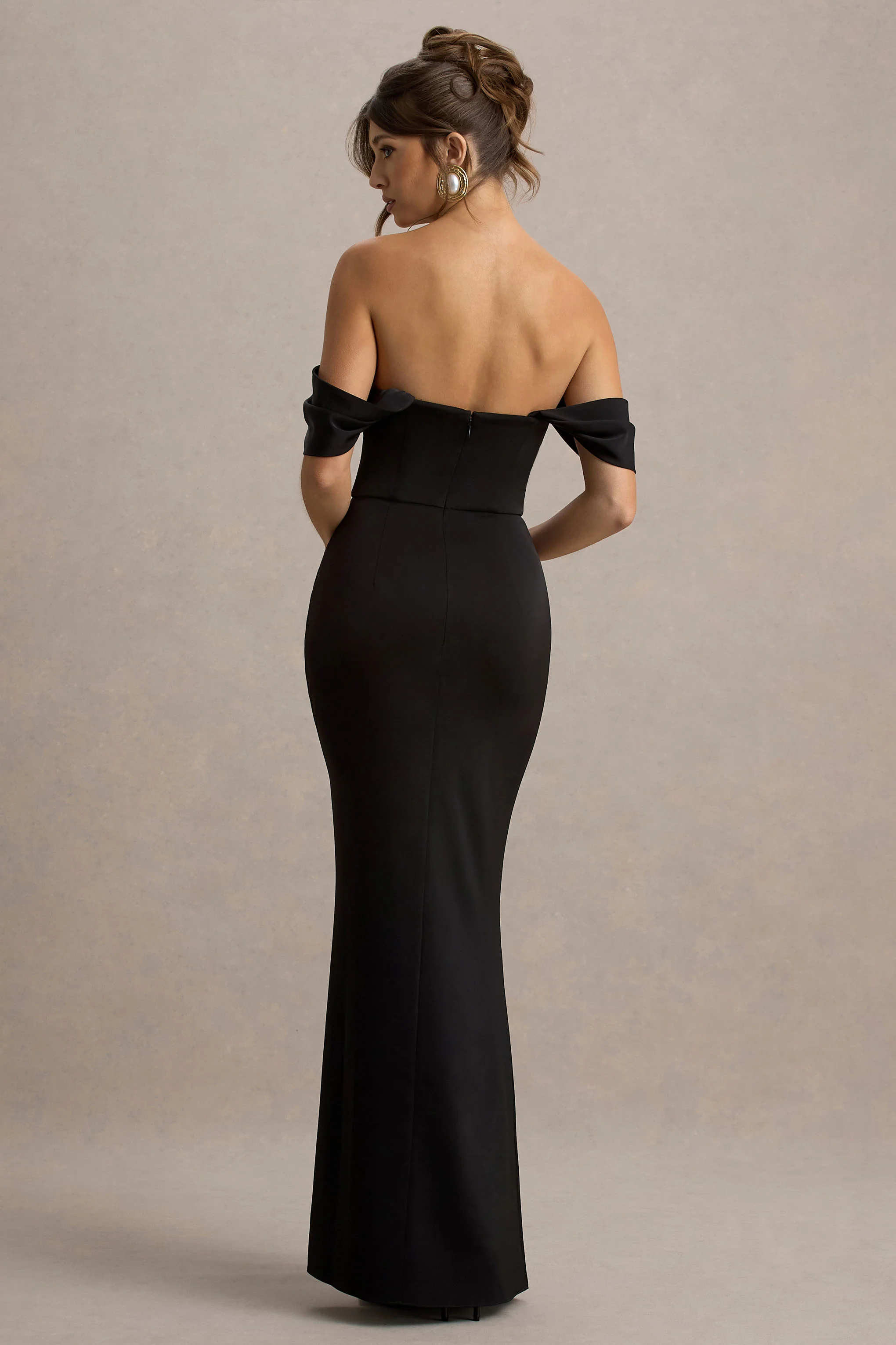 Annie | Black Satin Bardot Maxi Dress With Split Wrap Skirt - Image 2