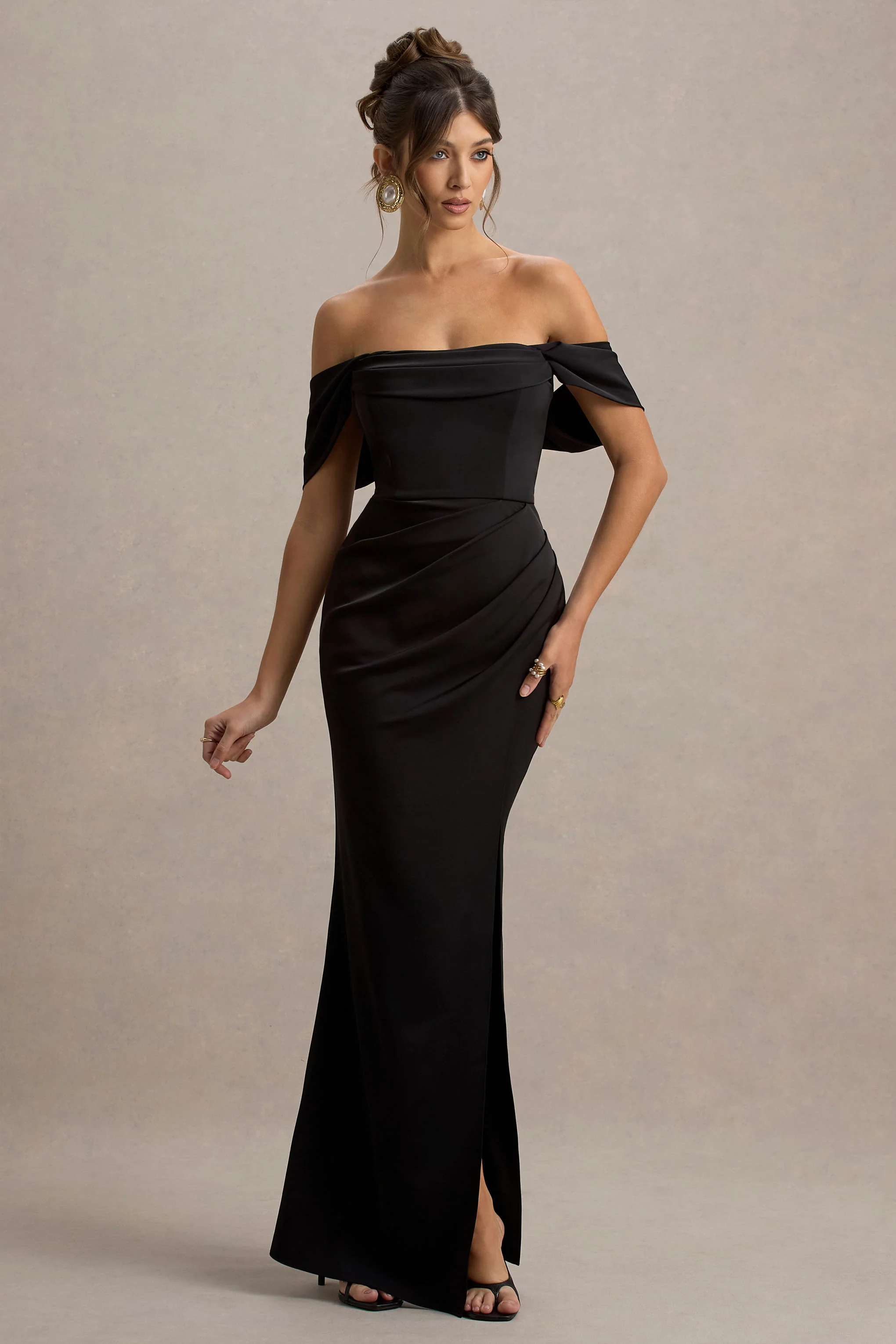 Annie | Black Satin Bardot Maxi Dress With Split Wrap Skirt - Image 4