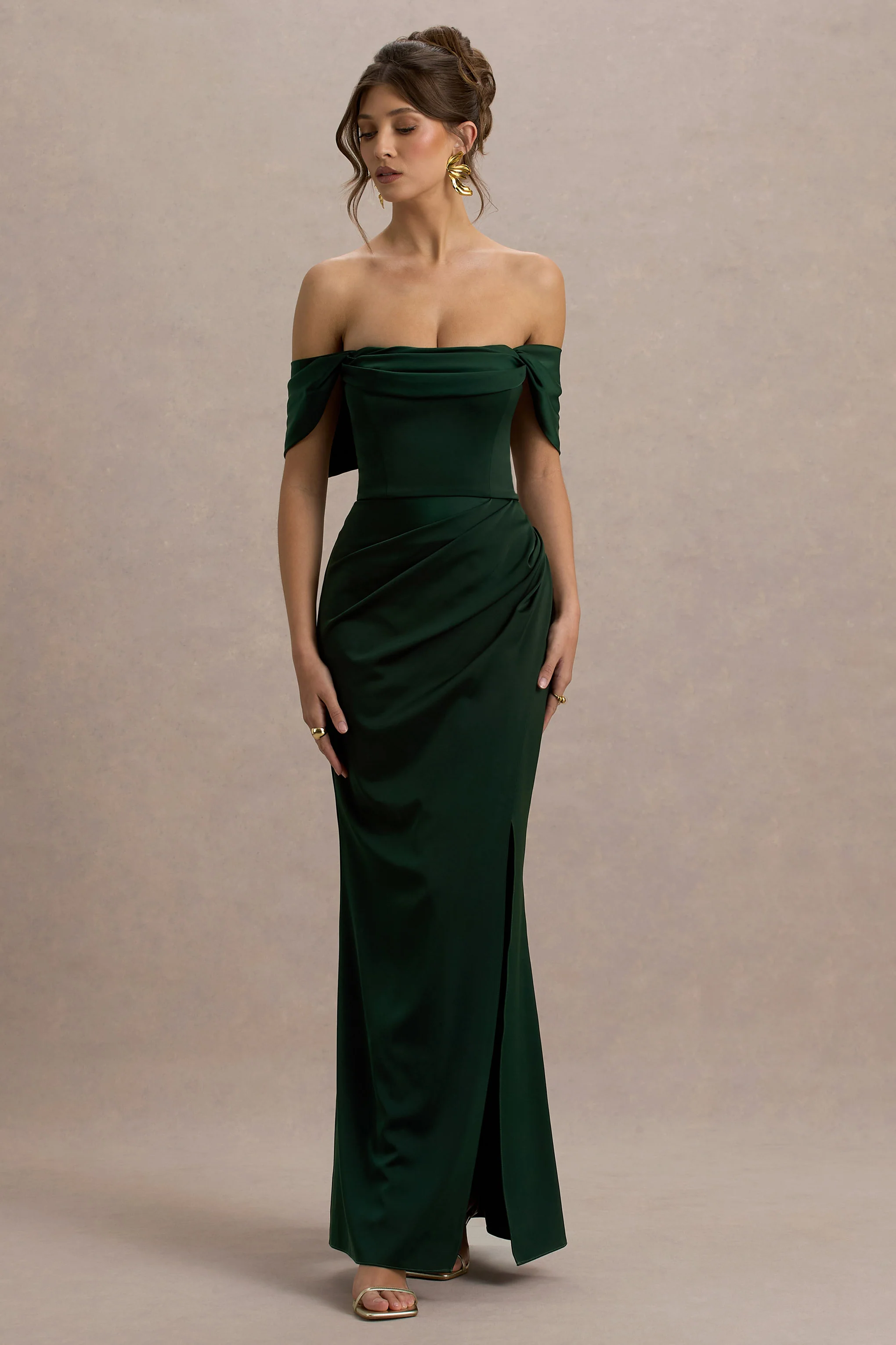 Annie | Bottle Green Satin Bardot Maxi Dress With Split Wrap Skirt - Image 4