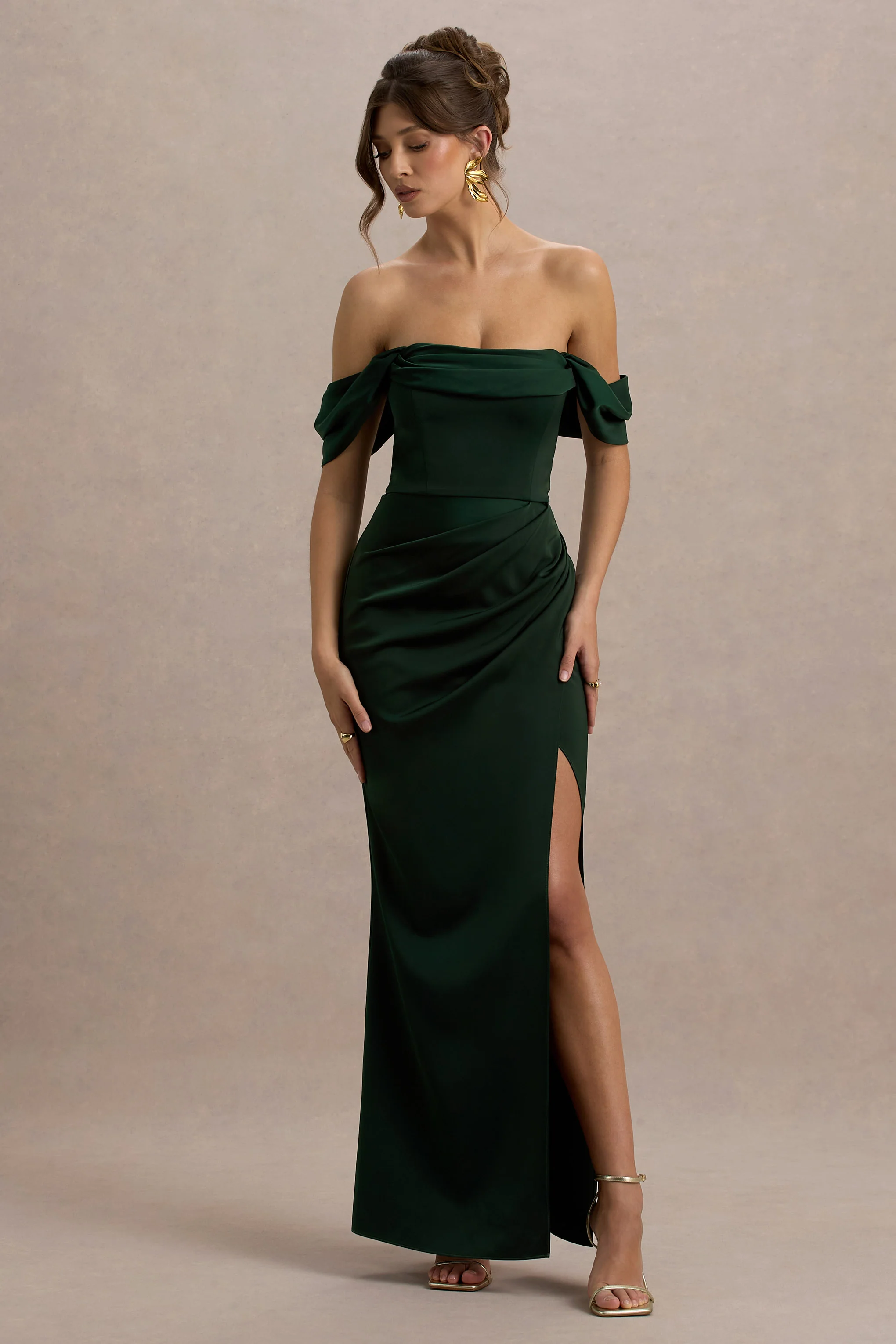 Annie | Bottle Green Satin Bardot Maxi Dress With Split Wrap Skirt - Image 5