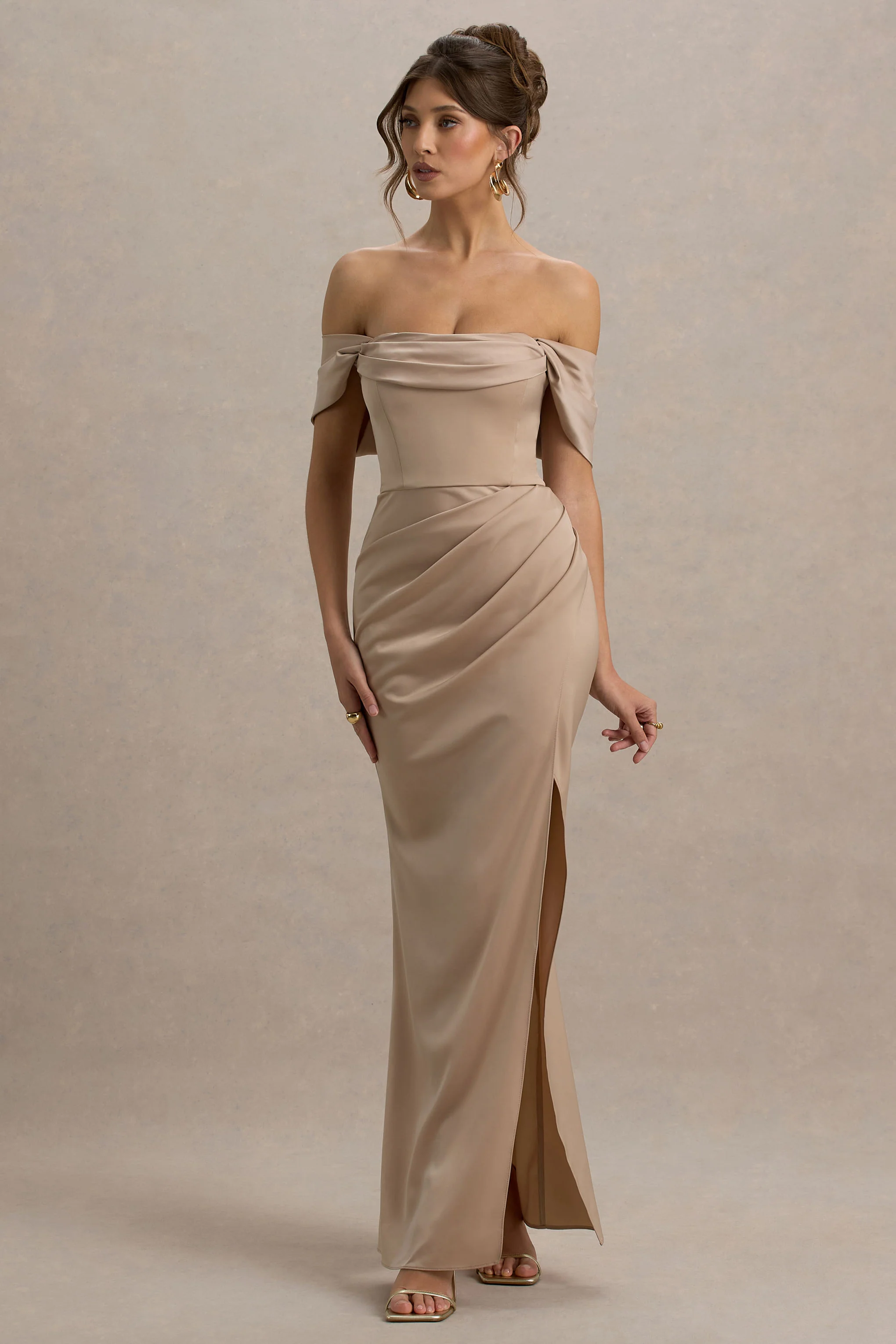 Annie | Champagne Satin Bardot Maxi Dress With Split Wrap Skirt - Image 4