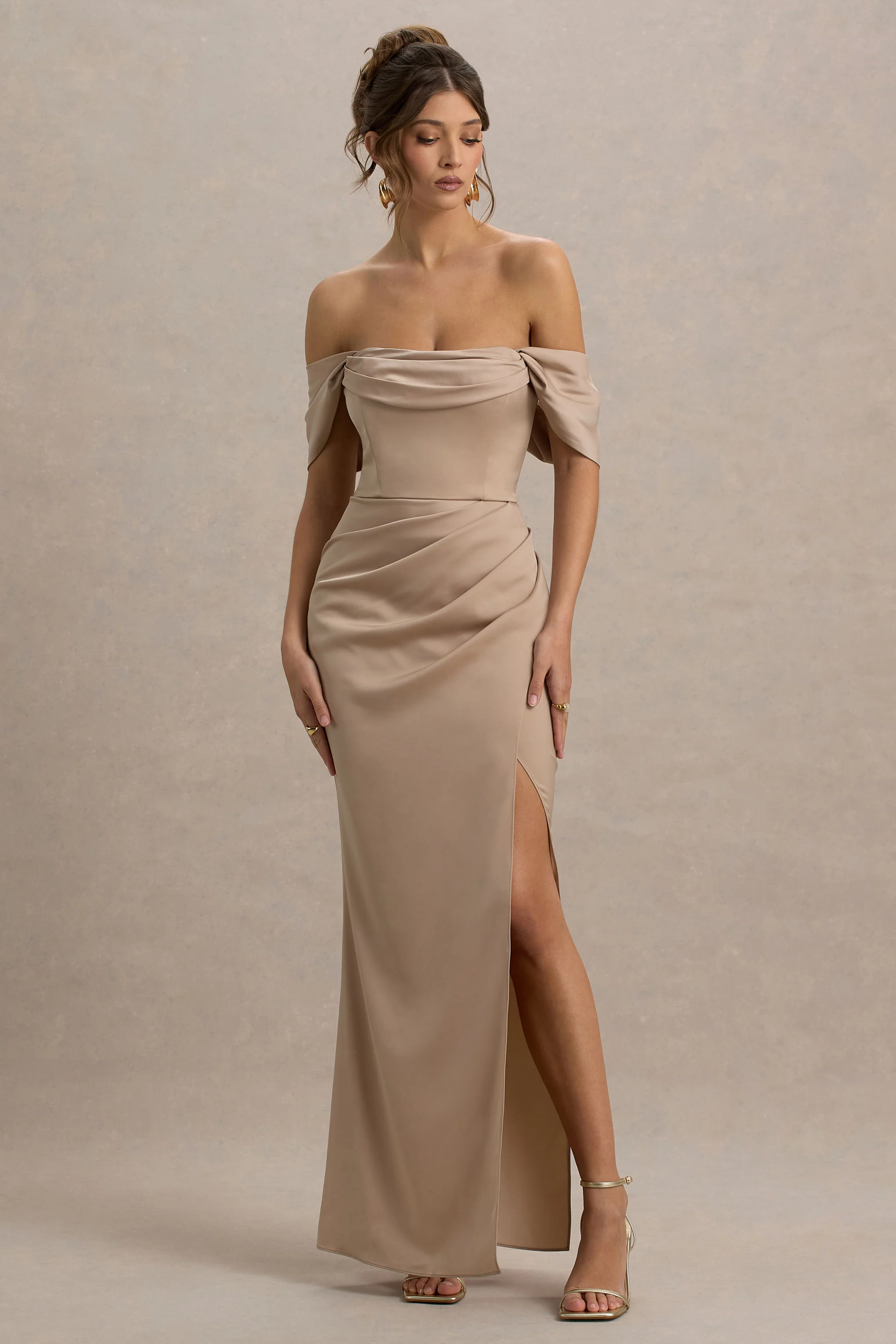 Annie | Champagne Satin Bardot Maxi Dress With Split Wrap Skirt - Image 5