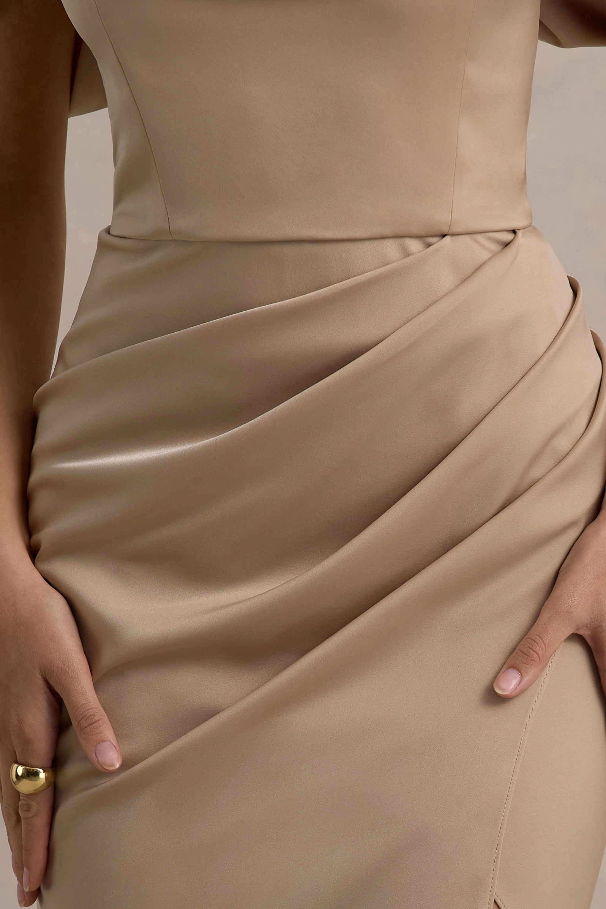 Annie | Champagne Satin Bardot Maxi Dress With Split Wrap Skirt - Image 6