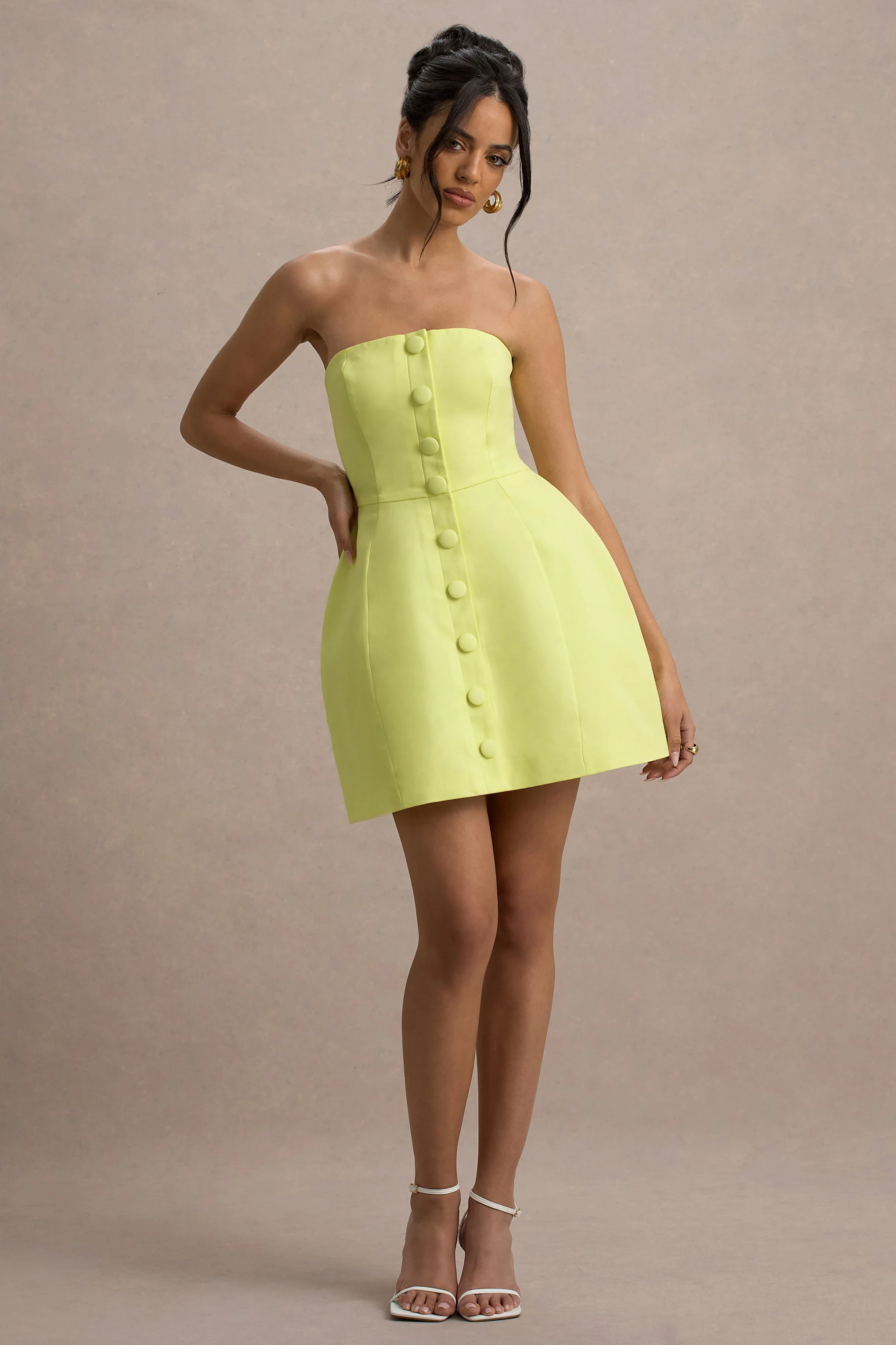 Anniston | Lemon Bandeau Tailored Button Mini Dress - Image 3
