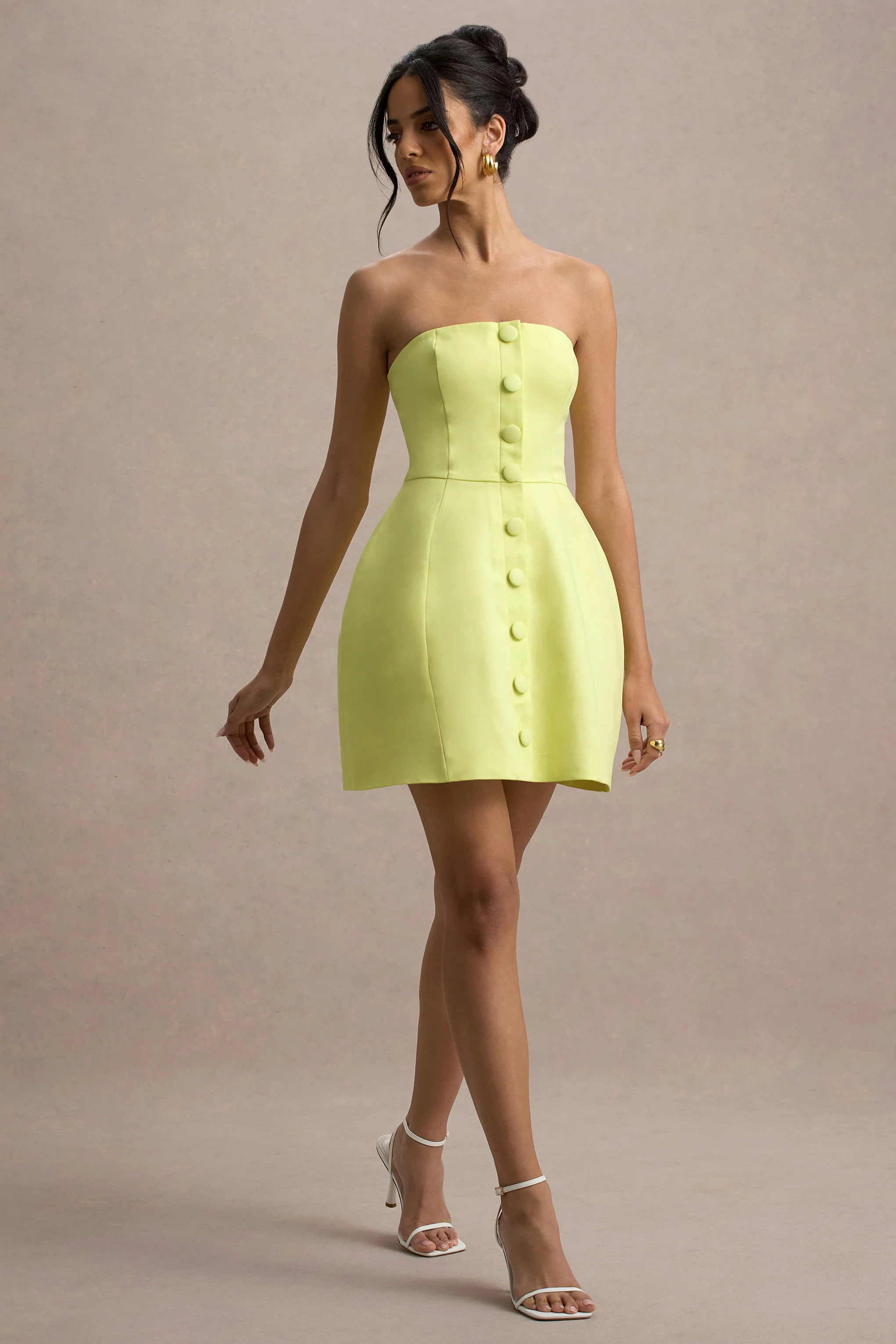 Anniston | Lemon Bandeau Tailored Button Mini Dress - Image 5
