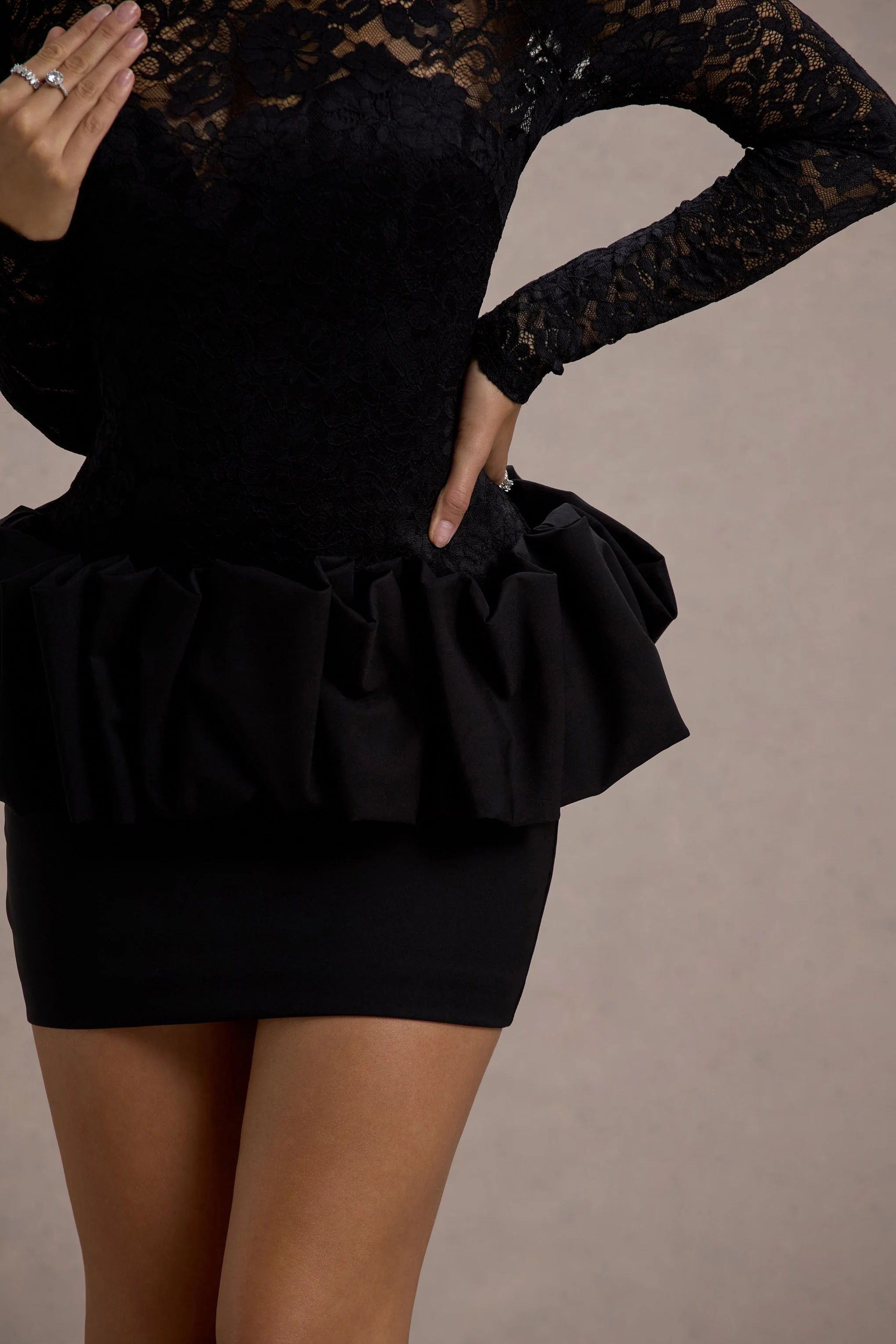 Antheia | Black Lace Long-Sleeve Peplum Mini Dress - Image 5