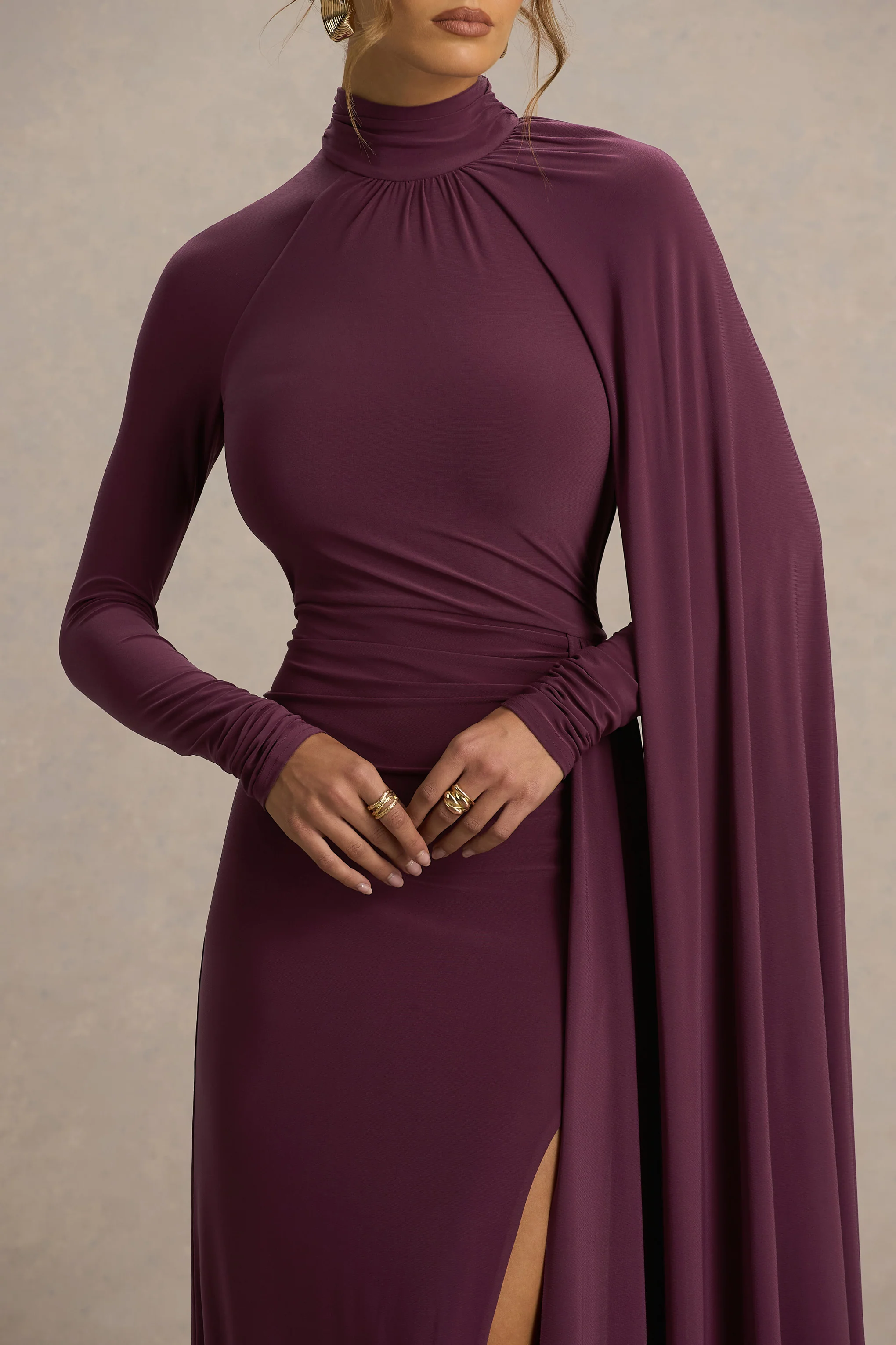 Anticipation | Burgundy High-Neck Maxi Dress With Front Split And Ruched Detailing - Image 2
