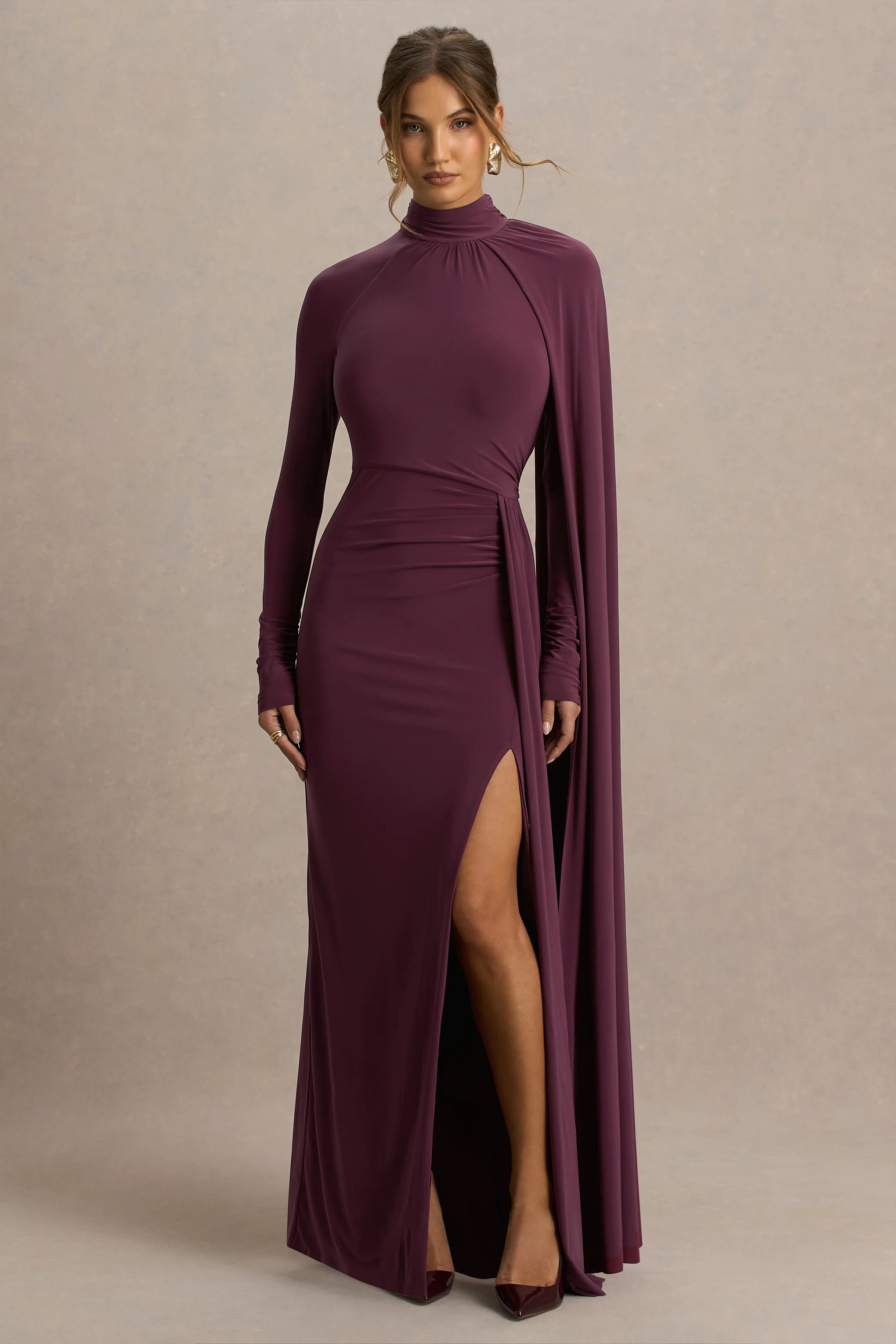 Anticipation | Burgundy High-Neck Maxi Dress With Front Split And Ruched Detailing - Image 4