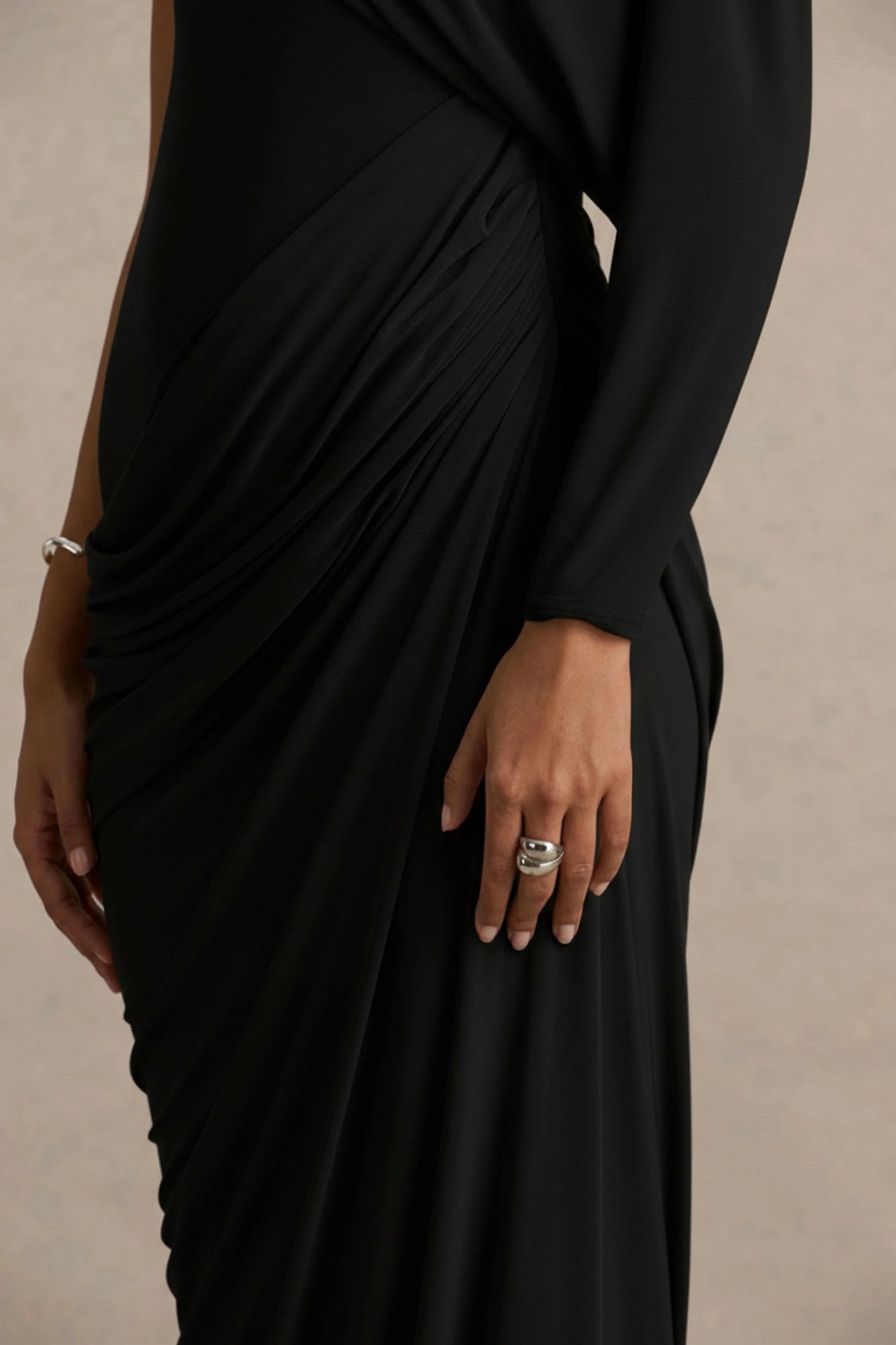 Aphra | Black High-Neck Maxi Dress With Cape-Sleeve - Image 3
