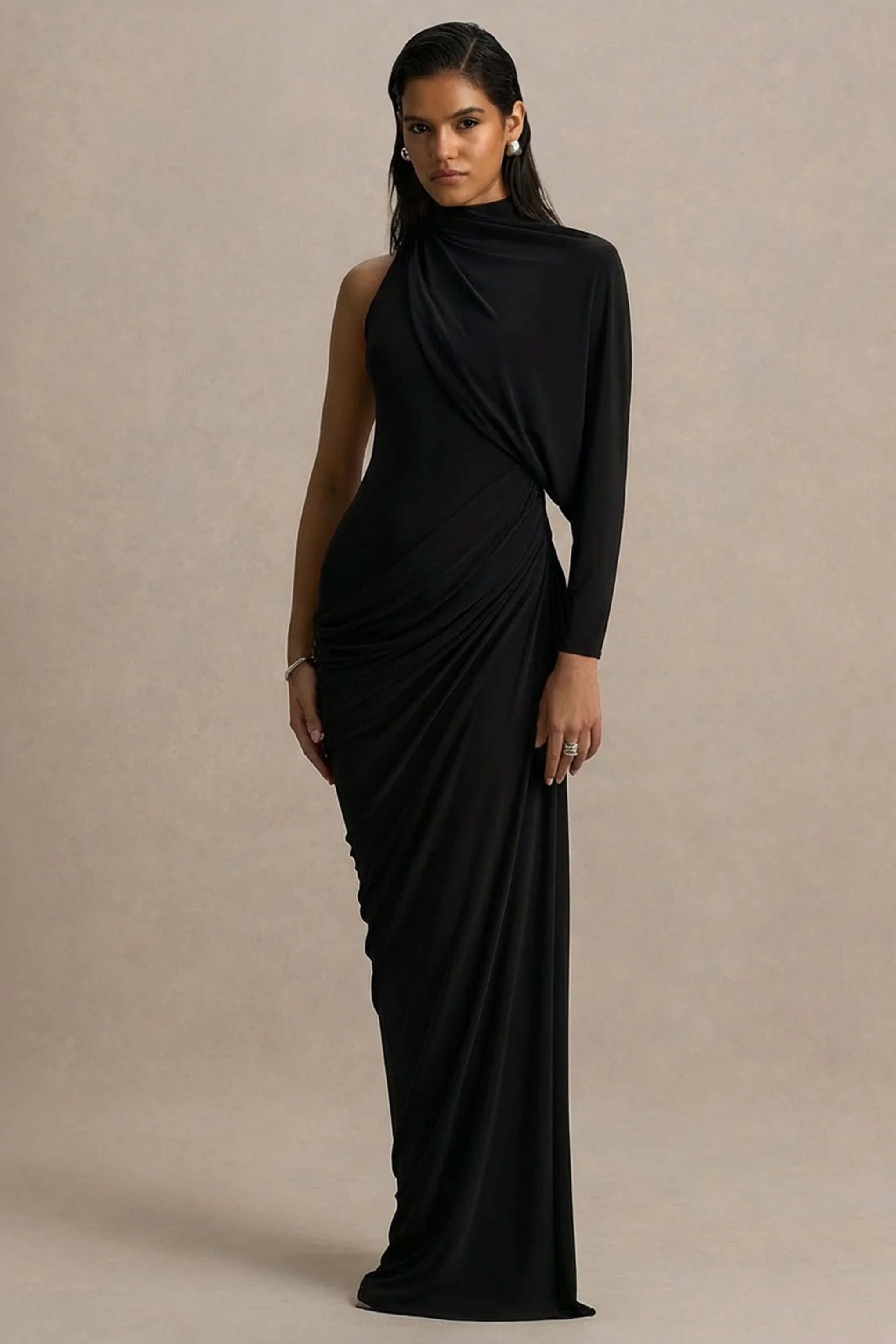 Aphra | Black High-Neck Maxi Dress With Cape-Sleeve - Image 5