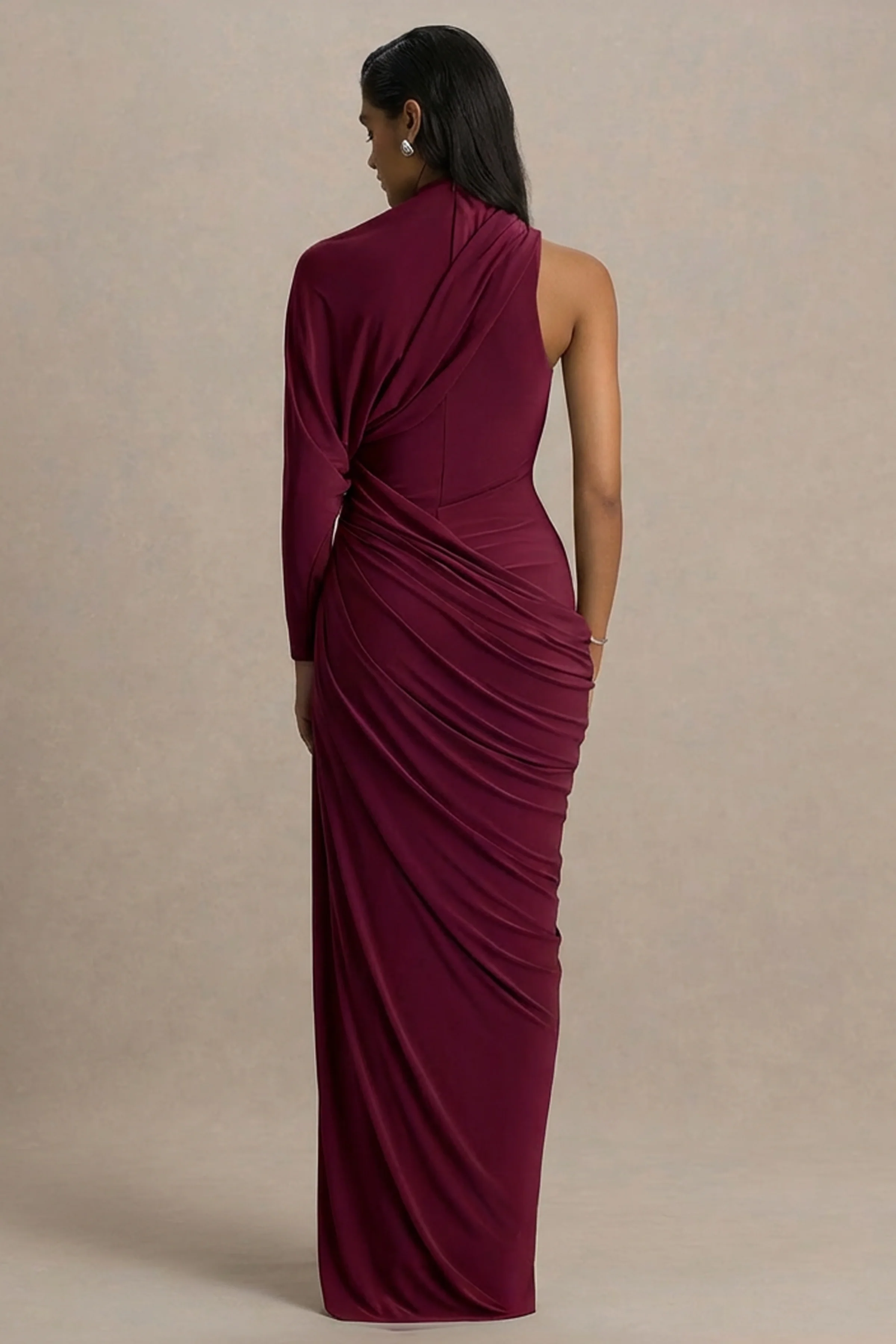 Aphra | Burgundy High-Neck Maxi Dress With Cape-Sleeve - Image 2