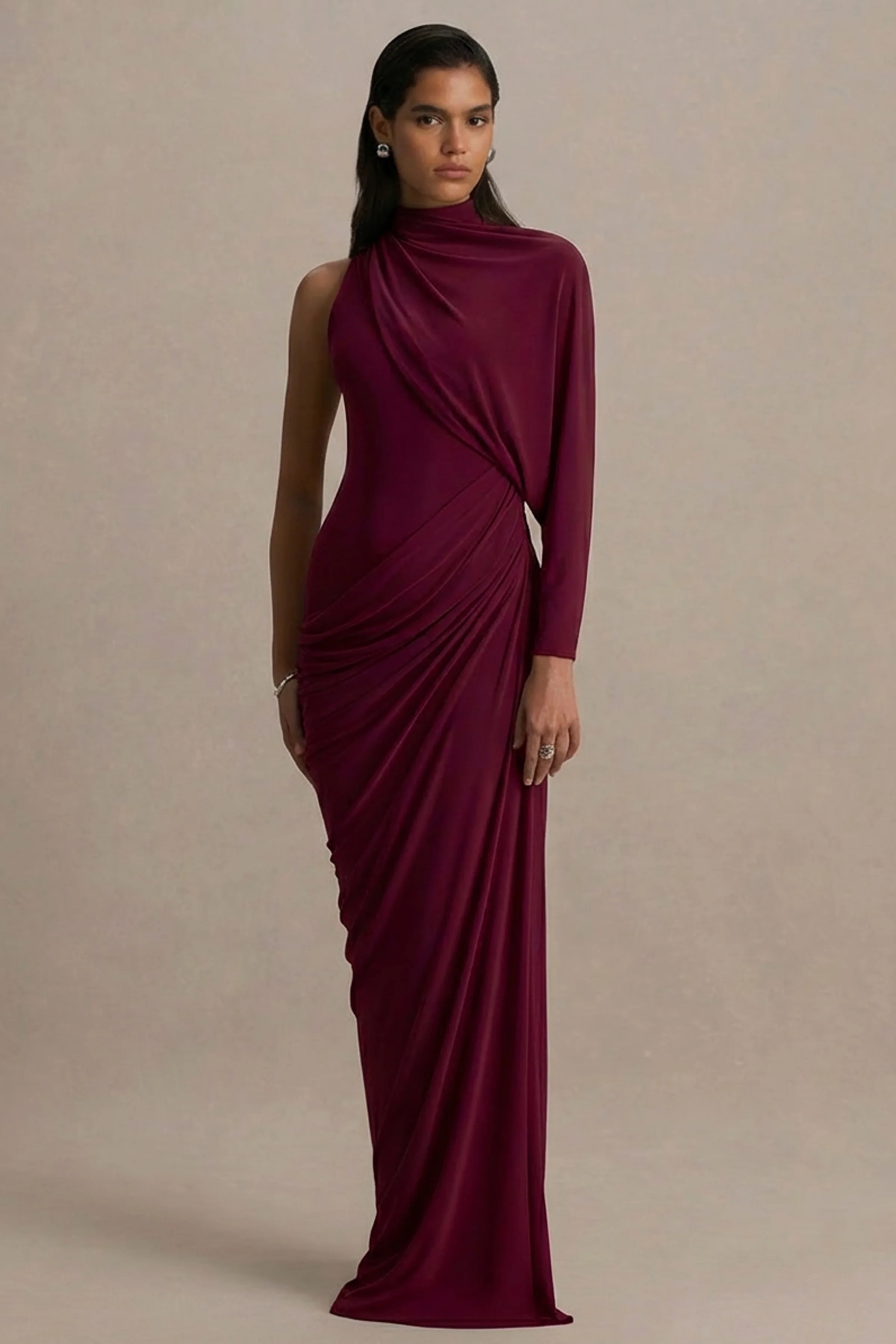 Aphra | Burgundy High-Neck Maxi Dress With Cape-Sleeve - Image 4