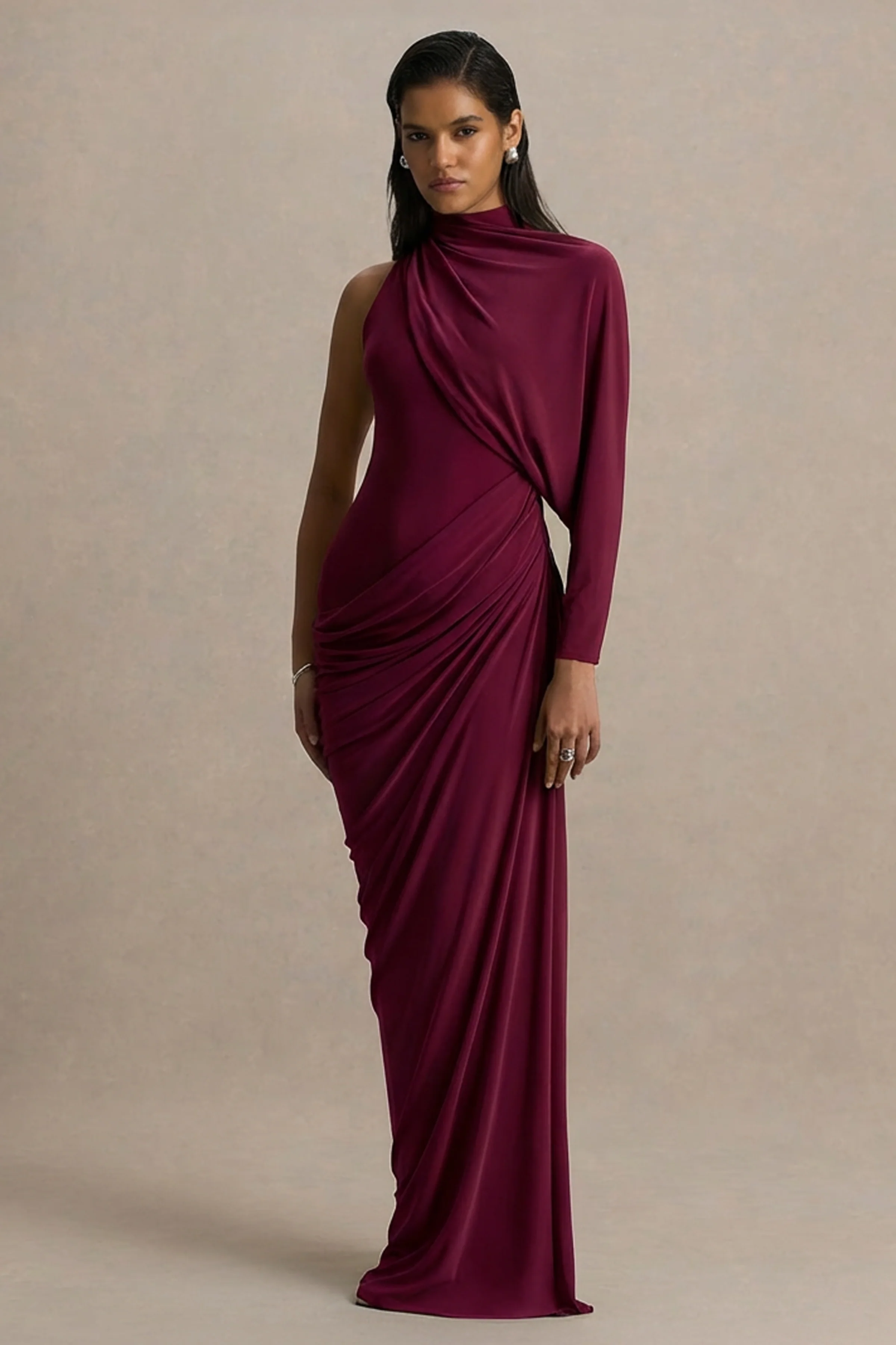 Aphra | Burgundy High-Neck Maxi Dress With Cape-Sleeve - Image 5