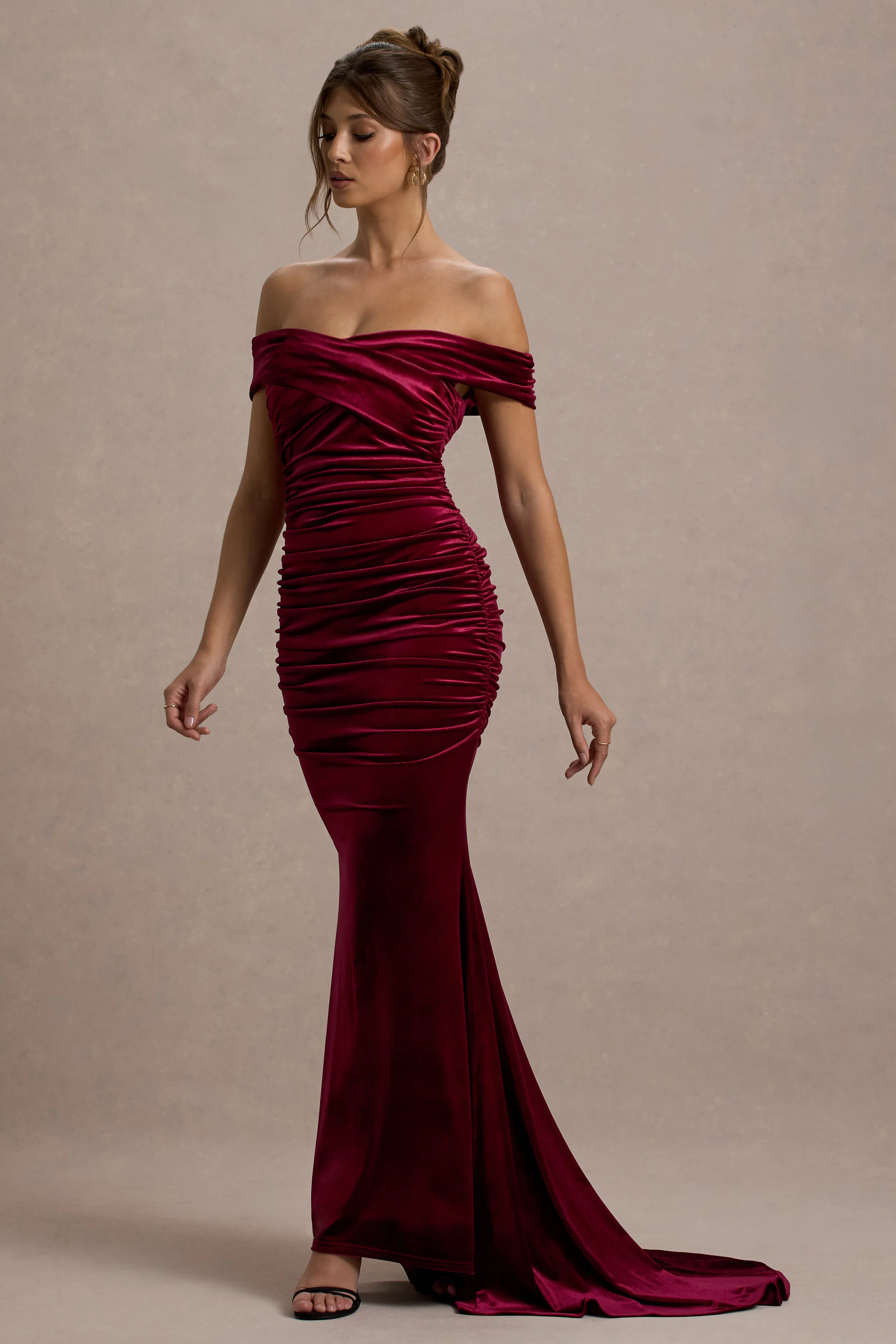 Apolline | Berry Velvet Off The Shoulder Ruched Fishtail Maxi Dress - Image 2