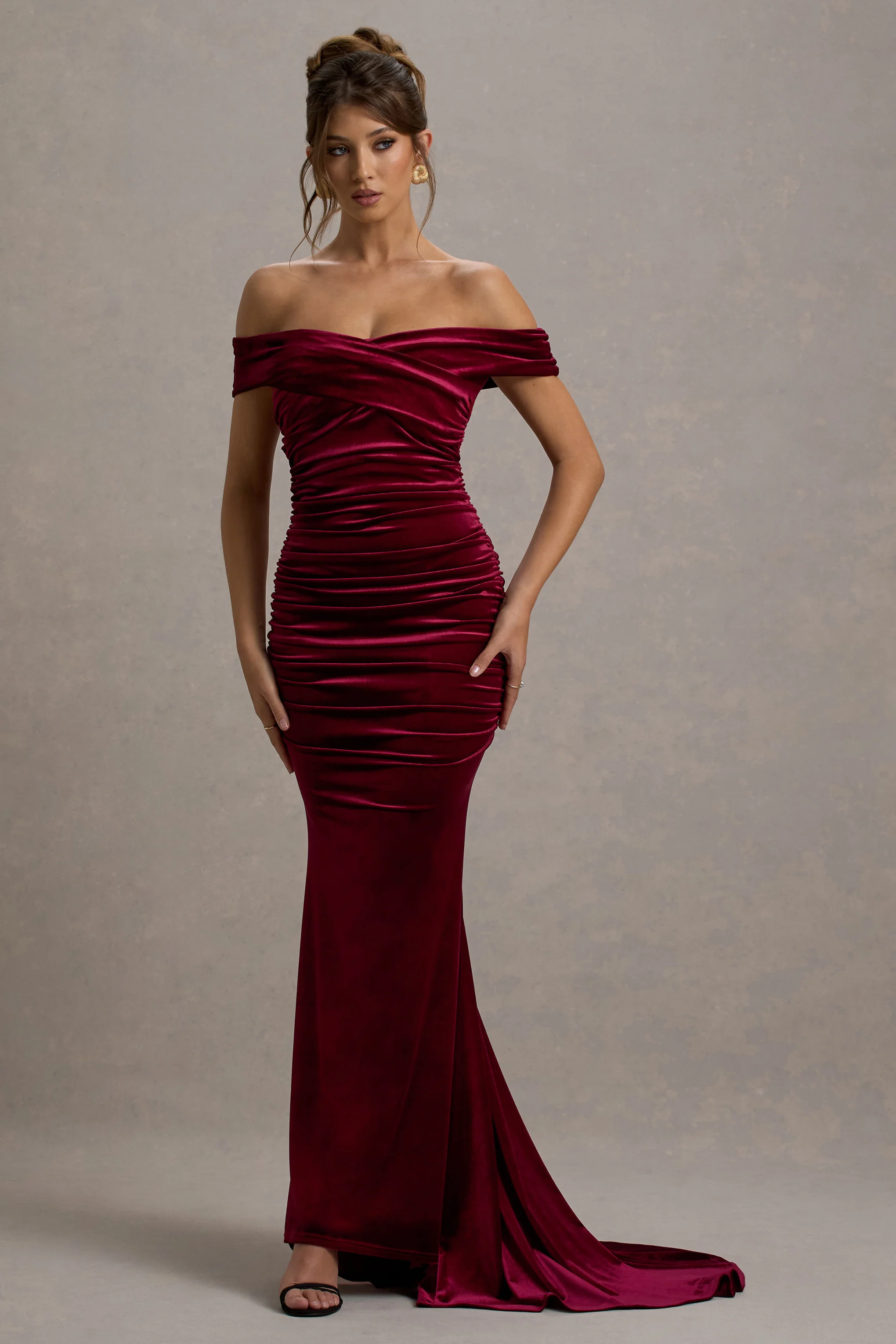 Apolline | Berry Velvet Off The Shoulder Ruched Fishtail Maxi Dress - Image 3