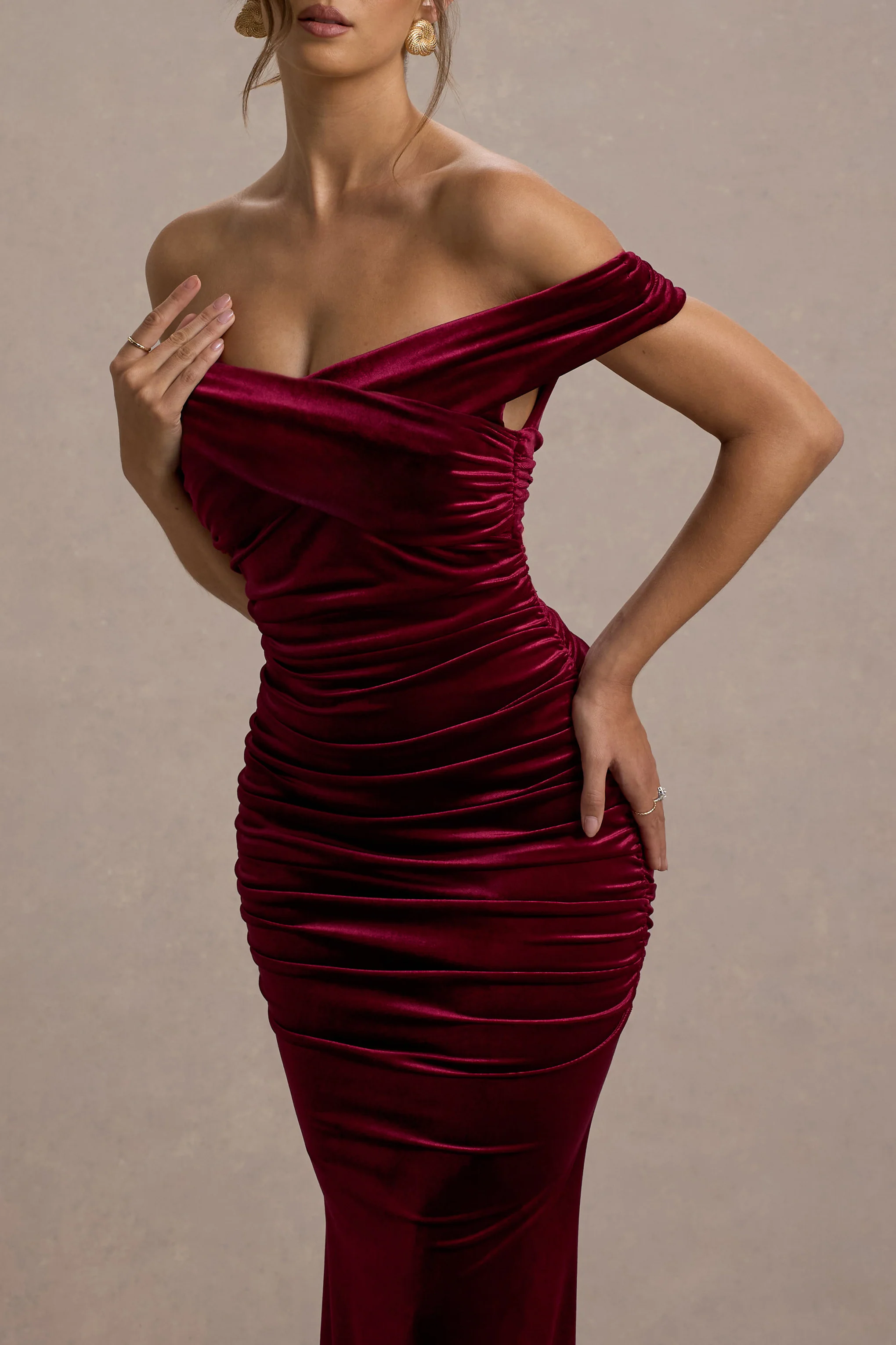 Apolline | Berry Velvet Off The Shoulder Ruched Fishtail Maxi Dress - Image 4