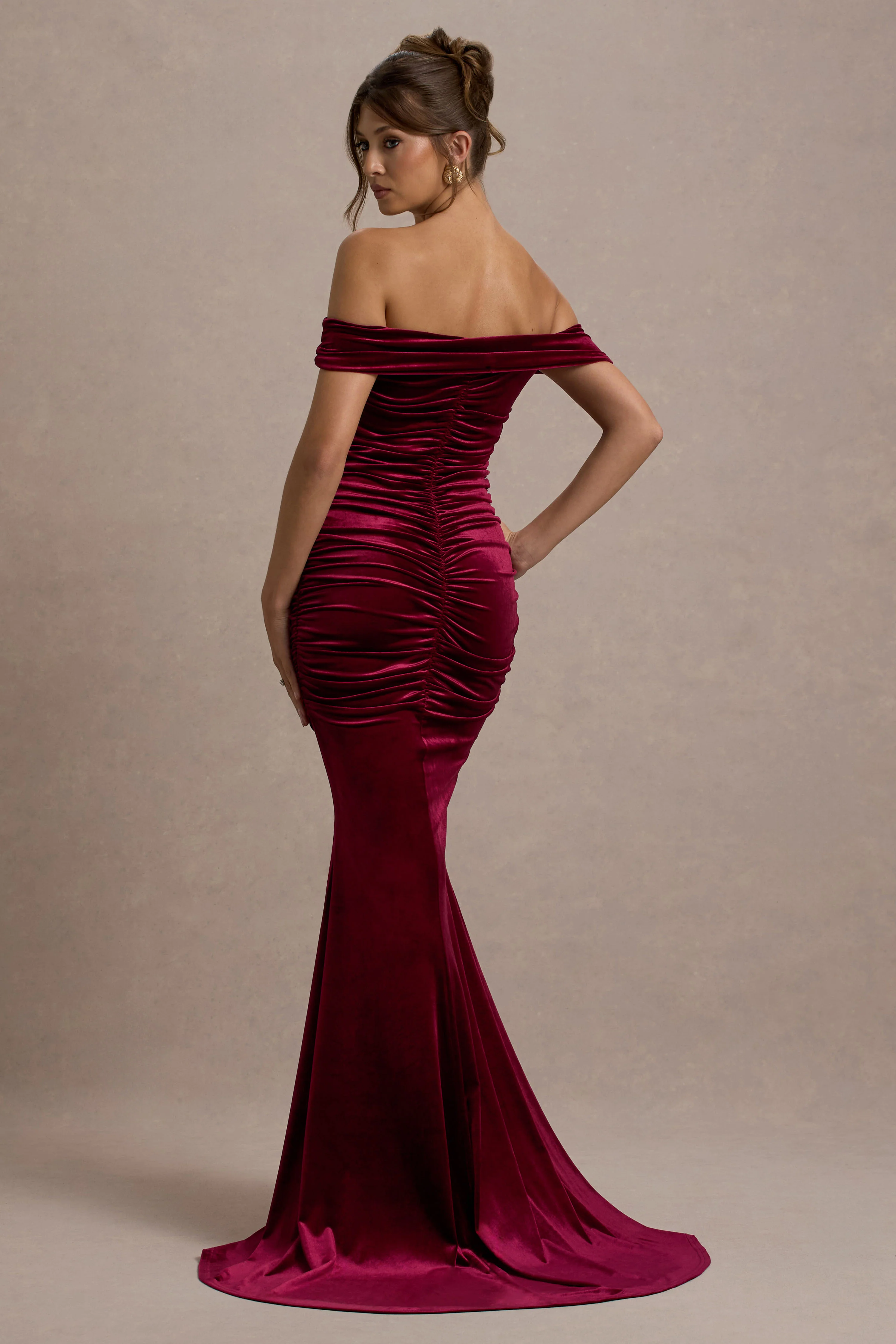 Apolline | Berry Velvet Off The Shoulder Ruched Fishtail Maxi Dress - Image 6