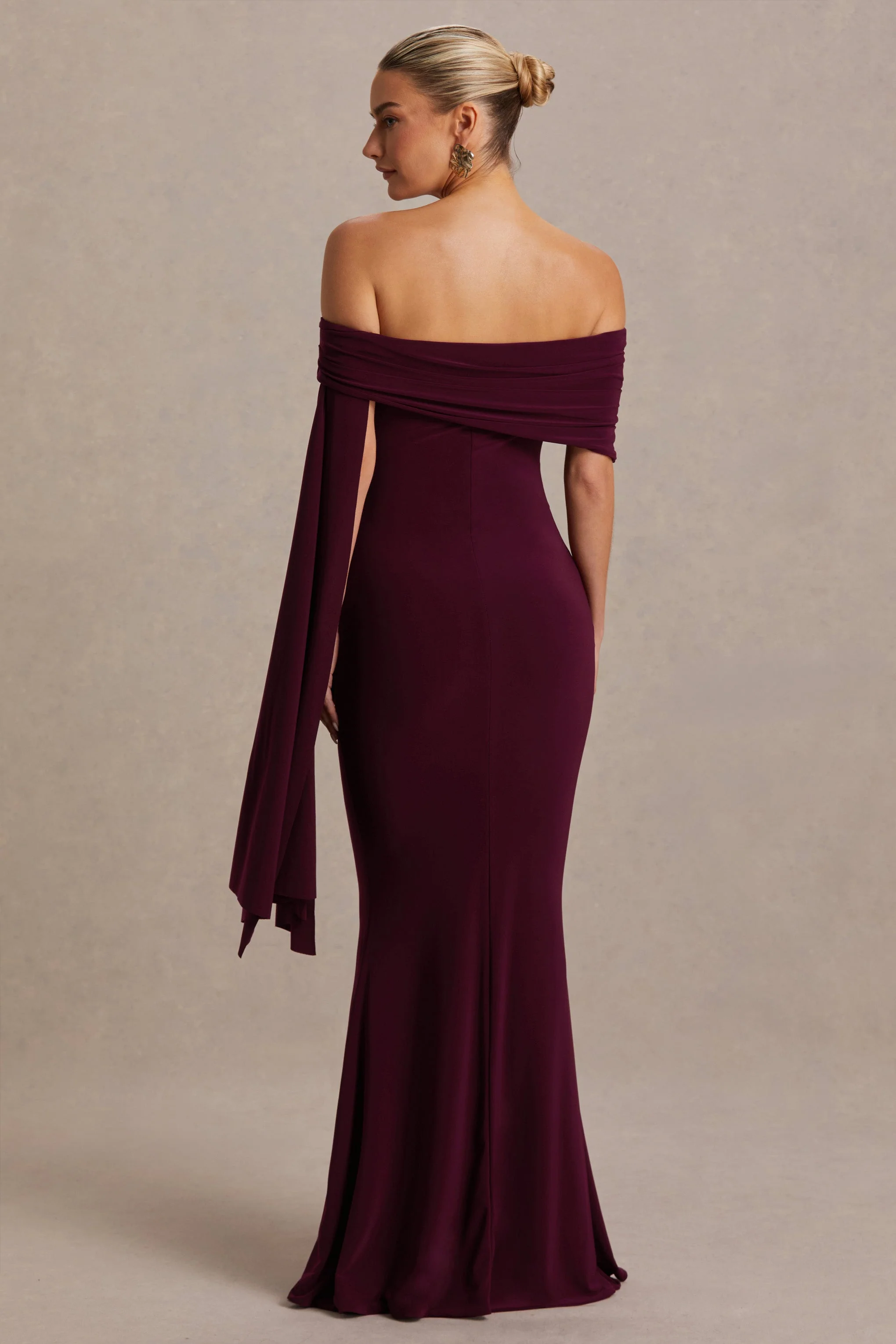 Aquila | Burgundy Bardot Maternity Maxi Dress With Draped Detail - Image 2