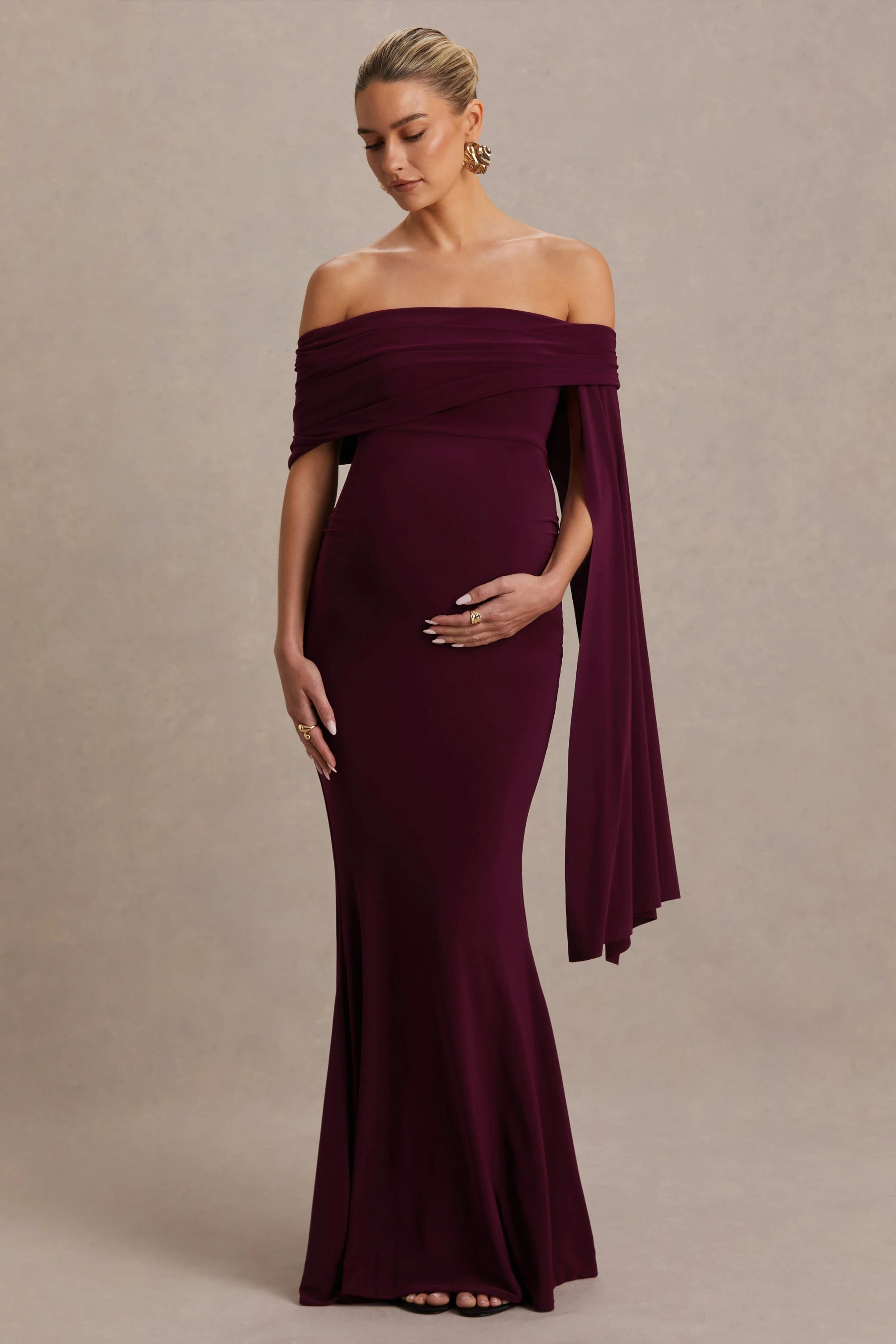 Aquila | Burgundy Bardot Maternity Maxi Dress With Draped Detail - Image 4