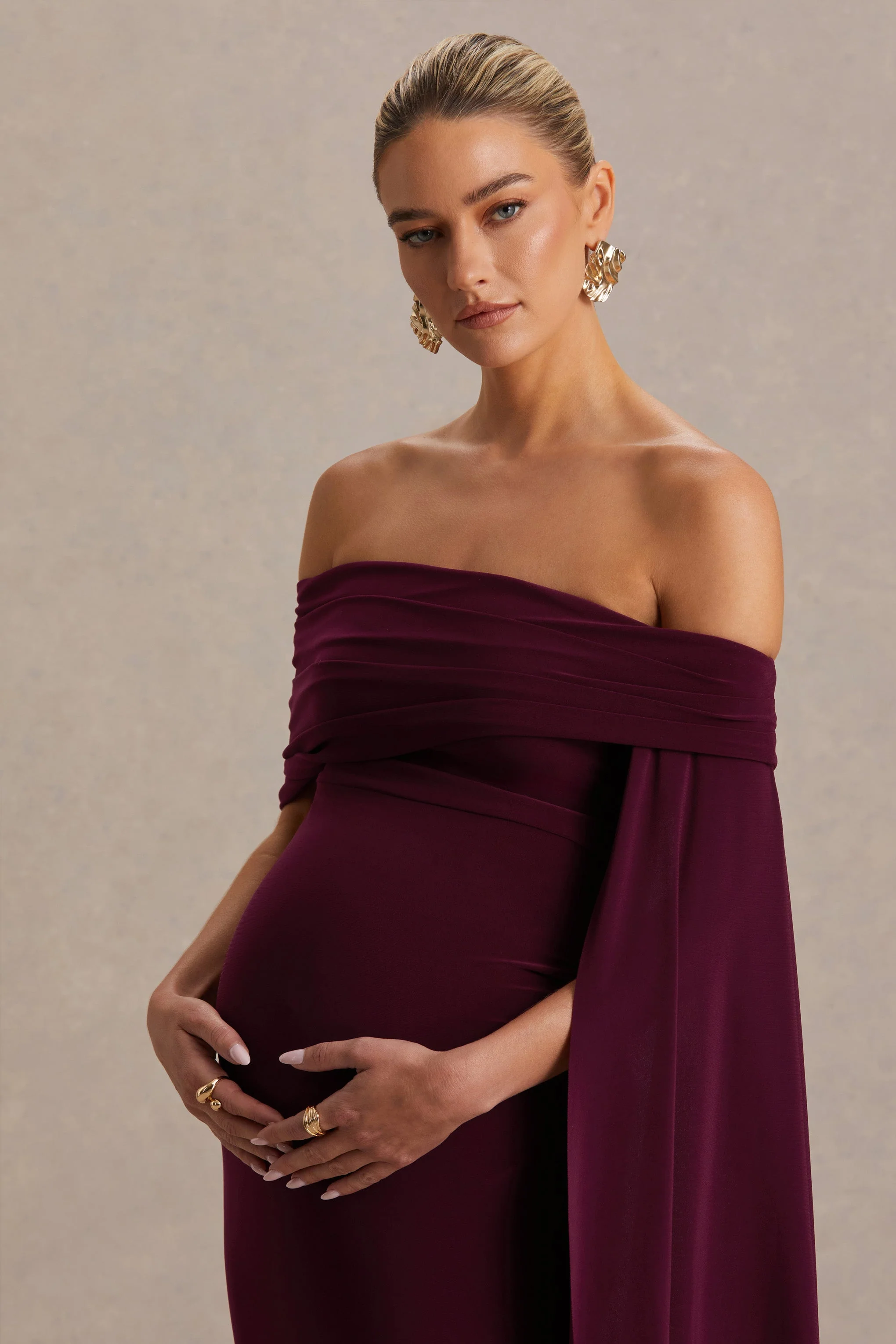 Aquila | Burgundy Bardot Maternity Maxi Dress With Draped Detail - Image 5