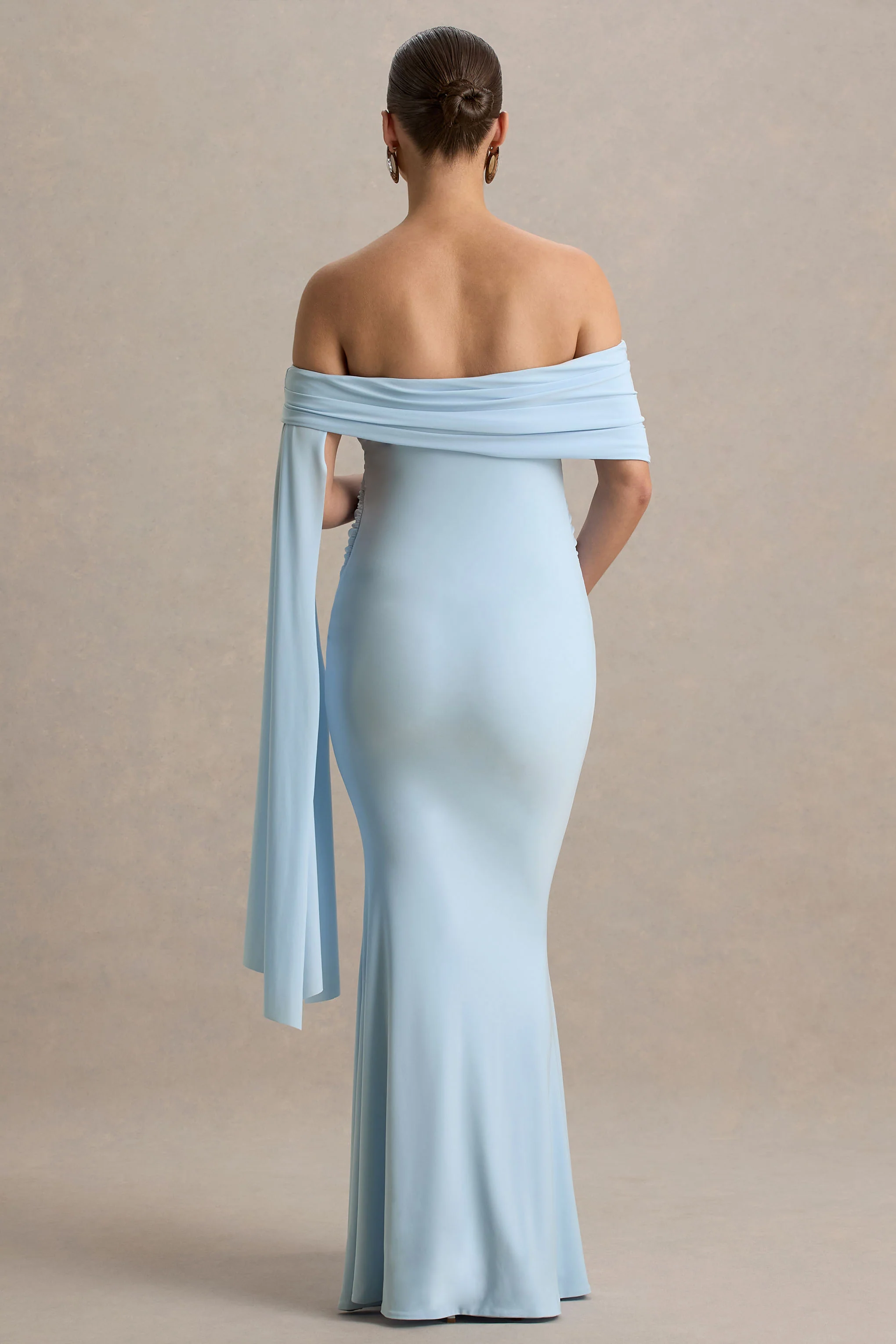 Aquila | Powder Blue Bardot Maternity Maxi Dress With Draped Detail - Image 2