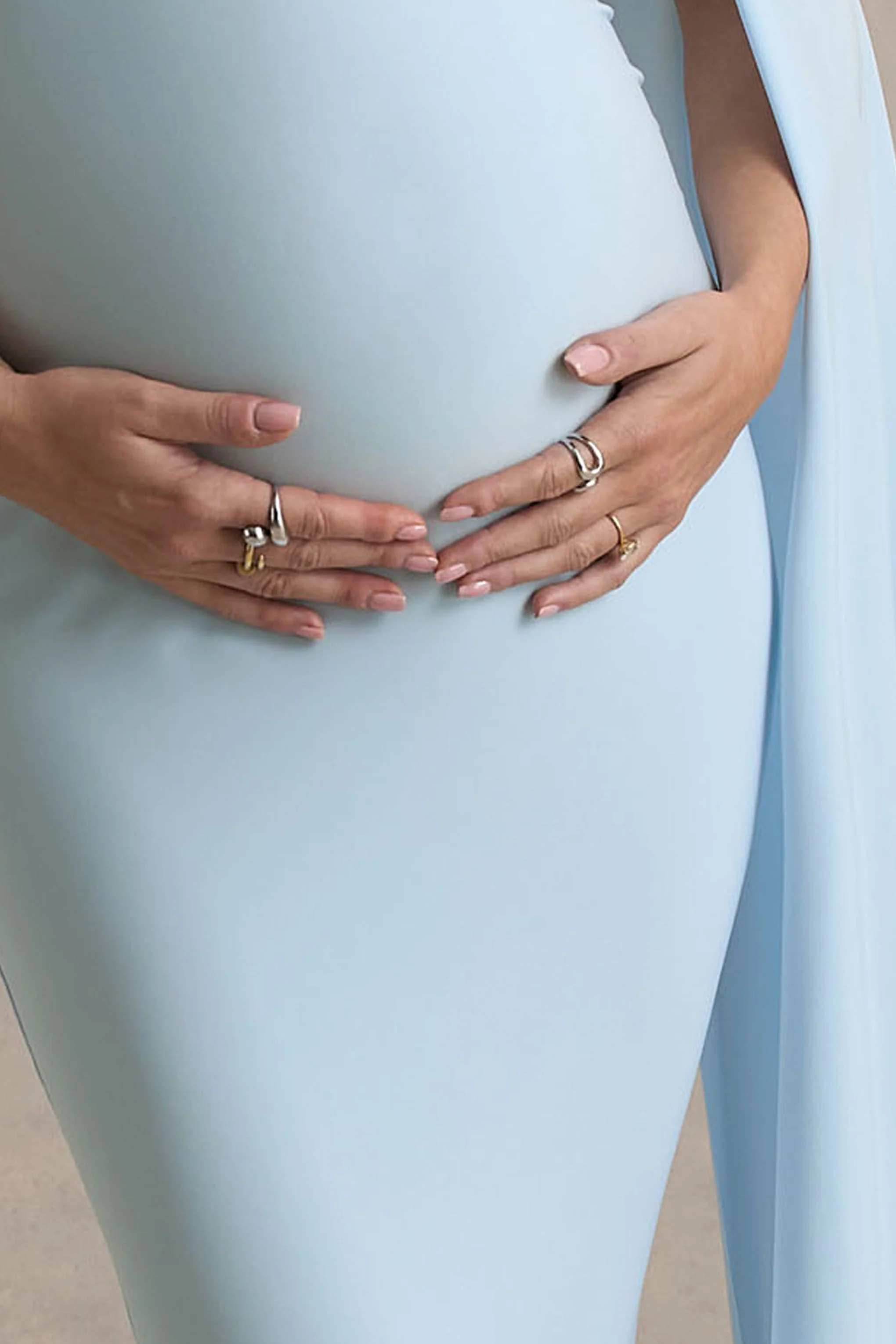 Aquila | Powder Blue Bardot Maternity Maxi Dress With Draped Detail - Image 6