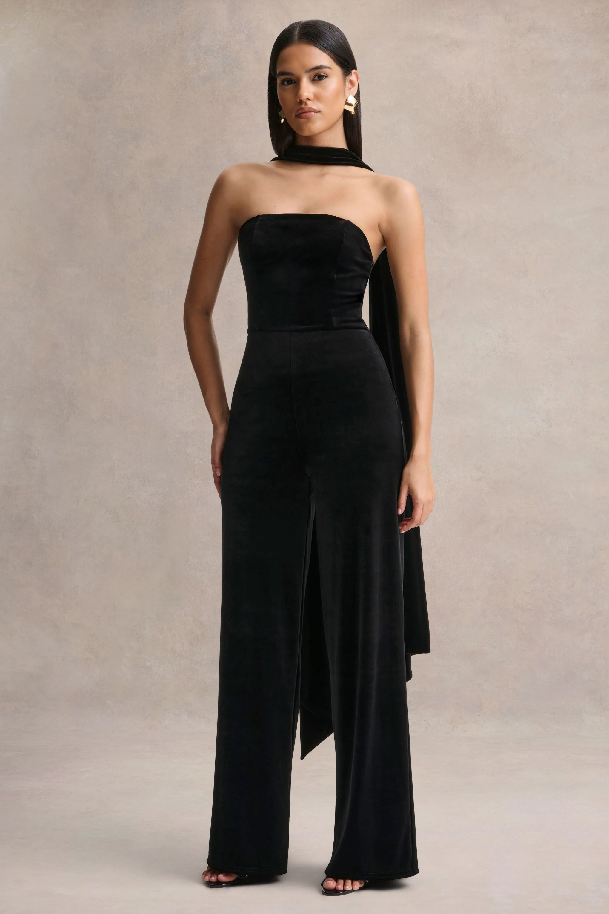 Arcane | Black Velvet Bandeau Jumpsuit With Scarf - Image 3