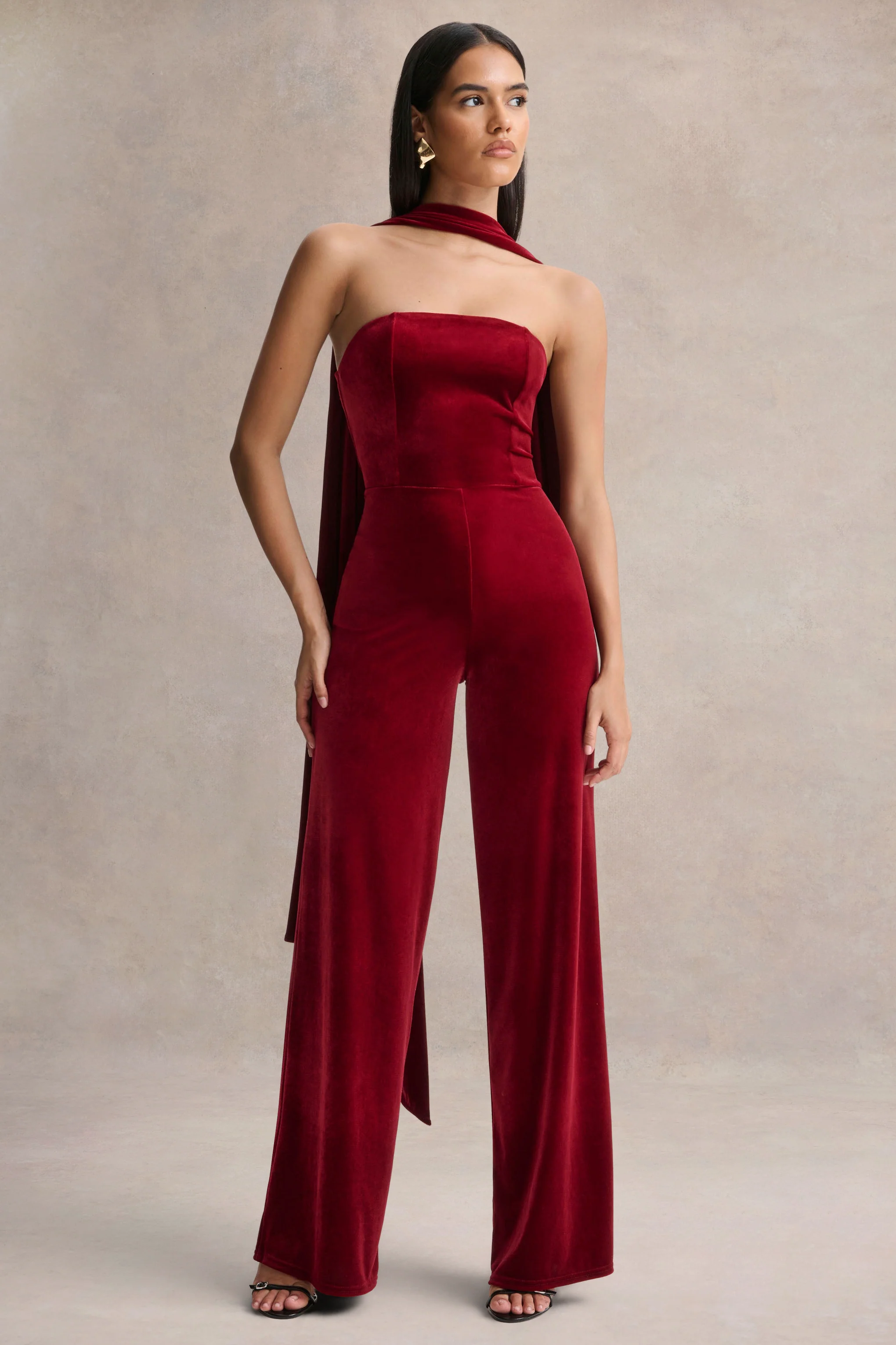 Arcane | Burgundy Velvet Bandeau Jumpsuit With Scarf