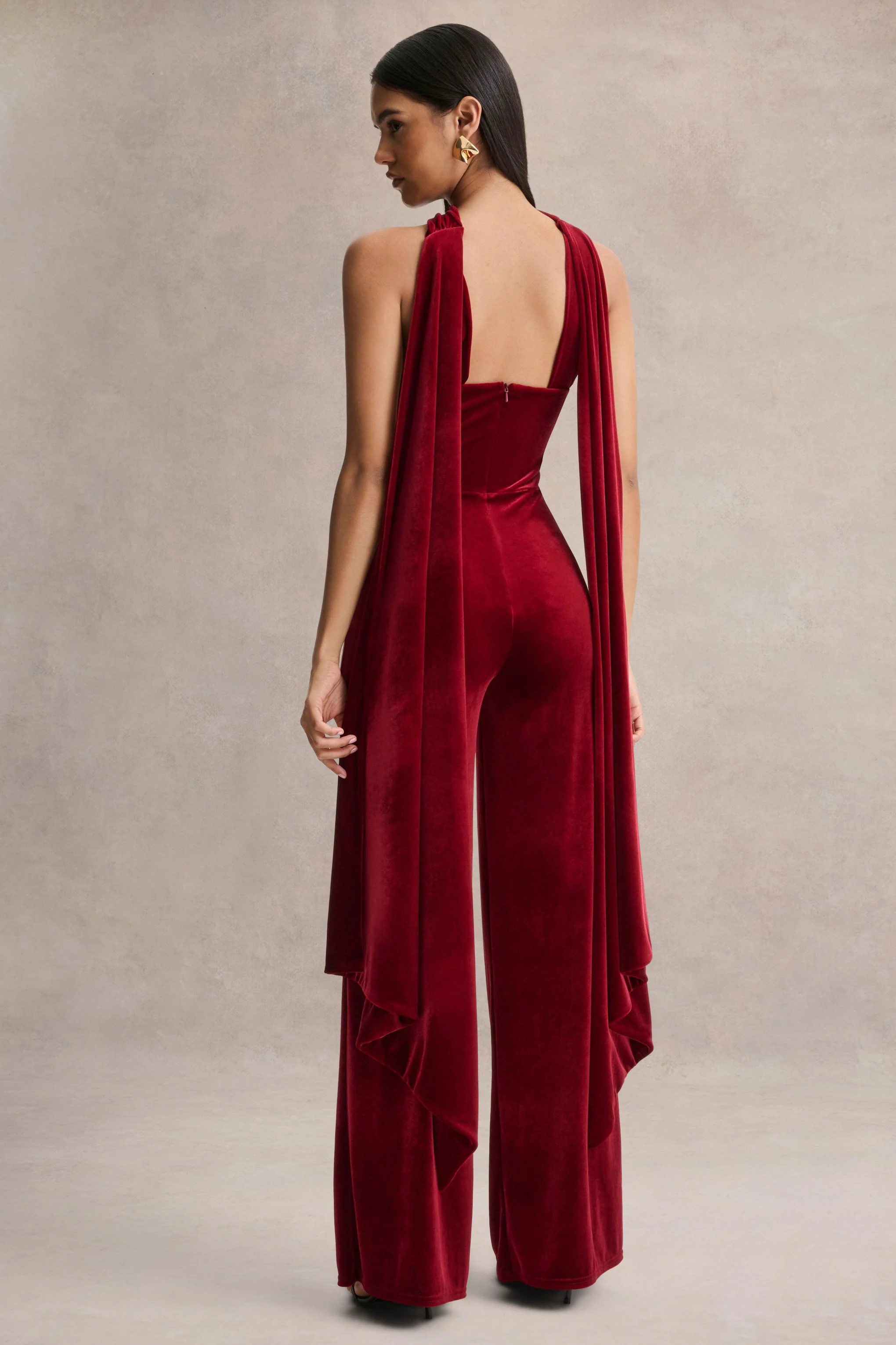 Arcane | Burgundy Velvet Bandeau Jumpsuit With Scarf - Image 2
