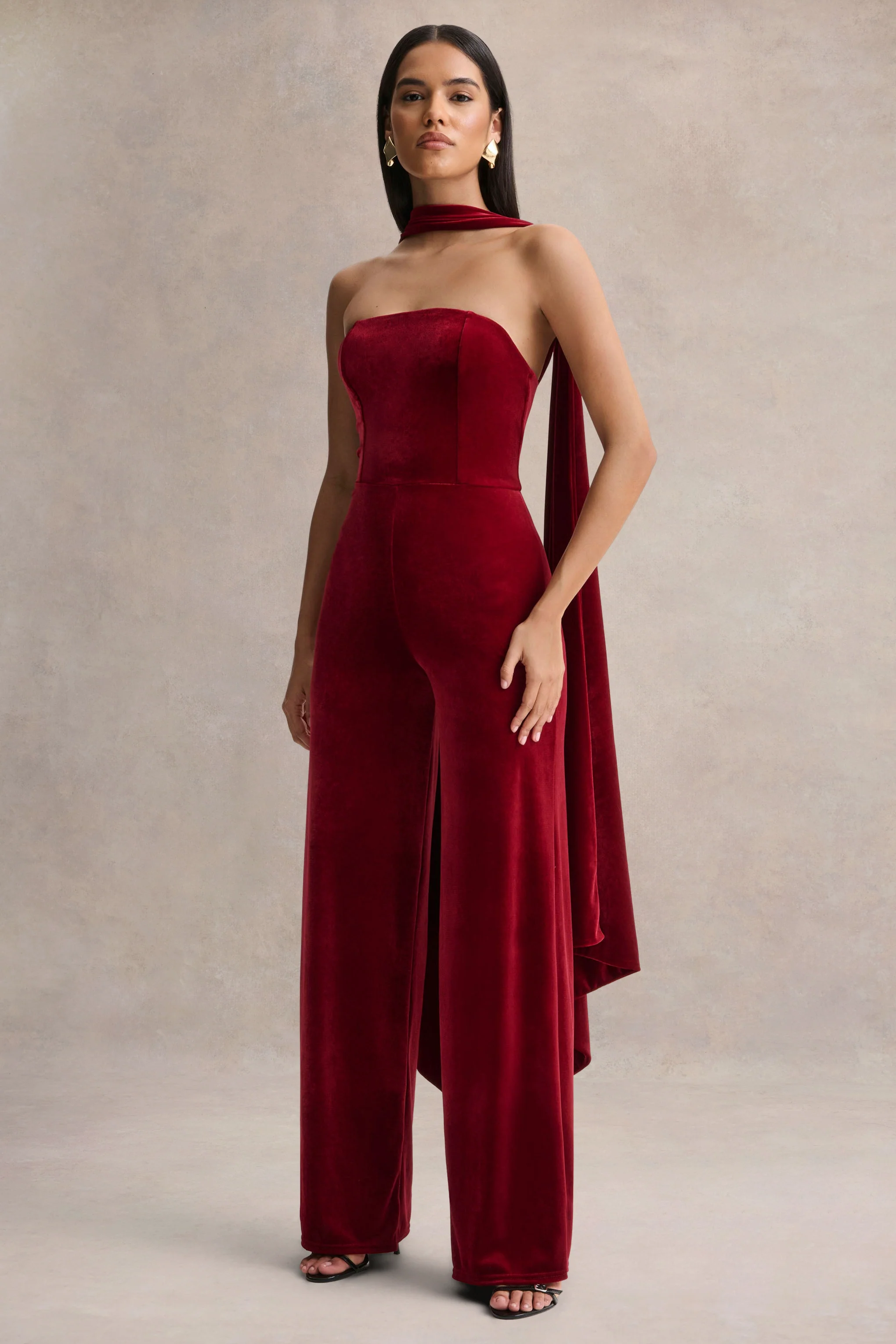 Arcane | Burgundy Velvet Bandeau Jumpsuit With Scarf - Image 4